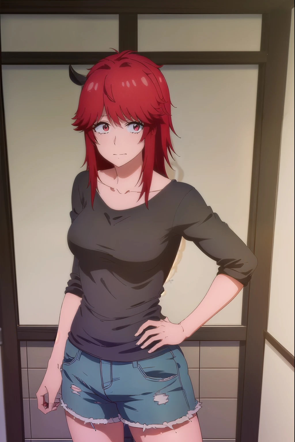 Akemiaizawa, akemi aizawa, (ojos rojos:1.3), cabello rojo, pelo medio, cola de caballo, sonrisa,
ROMPER shirt, mangas largas, clavicle, la camisa negra, pantalones, denim,
ROMPER indoors,
ROMPER looking at viewer, (tiro de vaquero:1.5),
ROMPER (obra maestra:1.2), mejor calidad, high resolution, fondo de pantalla de unidad 8k, (ILLUSTRATION:0.8), (Hermosos ojos detallados:1.6), cara extremadamente detallada, perfect lighting, CG extremadamente detallado, (manos perfectas, perfect anatomy),