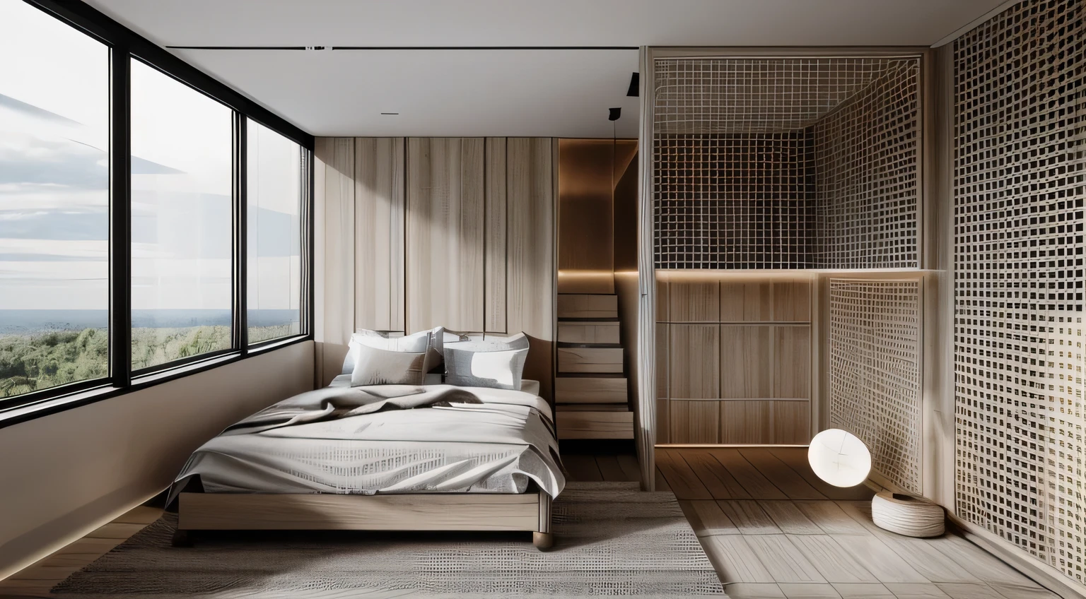 RAW photo of a bedroom, cleanly designed and crafted from light-colored natural wood, in a contemporary, minimalist, daylight, dark, artful lighting style. Studio photos, intricate details, luxurious and spacious, beautiful, realistic, High resolution, detailed, sharp, 8k uhd quality