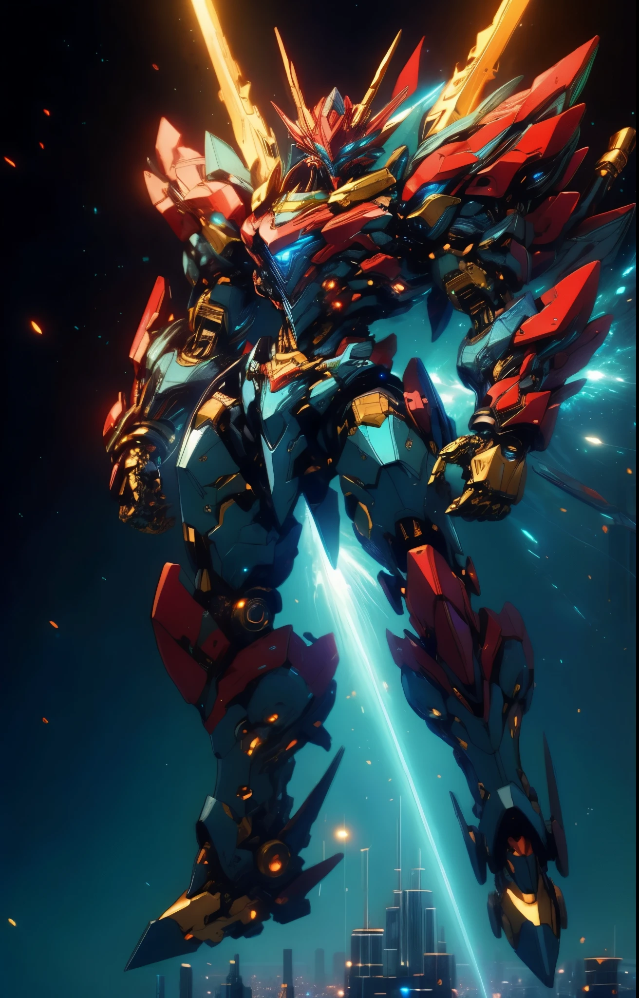 Humanoid Mecha, fully enclosed shoulder guards, matching arm and leg guards, full body, full armor, the design balances heavy with agility, (the color scheme is primarily white with red and blue accents, the concept Inspired by super robot, organic biotech armor, pose, standing, floating high above the futuristic sci-fi city), exquisite and mature art style, (aura effect, energy, glowing eyes, the armor glows), Fantasy Robot Style, ((FRS)), metallic, dynamic, dramatic, high definition, best quality, highres, ultra-detailed, ultra-fine painting, extremely delicate, professional, perfect body proportions, anatomically correct, symmetrical face, extremely detailed eyes and face, high quality eyes, creativity, RAW photo, UHD, 32k, Natural light, cinematic lighting, masterpiece-anatomy-perfect, masterpiece:1.5