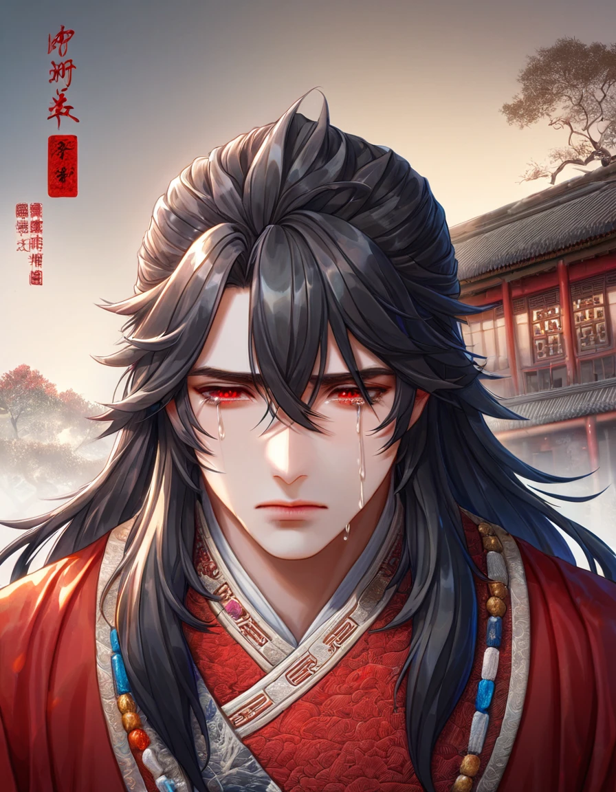 absurdres, highres, ultra detailed, HDR, master piece, best quality, extremely detailed face, delicated features, Xue Yu, untamed spiky hair, black long hair, hair between the eyes, expressive red eyes, Thousand Years War, solo, man, handsome, sad, sadness, crying, red robes, Chinese traditional residence, trees, chinise ambiance