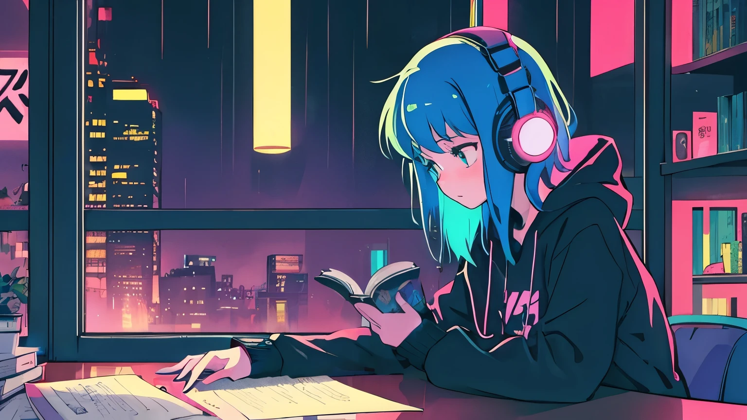 Girl studying in room, Reading a book, Wear headphones,One black cat , Night lighting, Neon scenery on a rainy day,Analog Color Theme, Lo-fi Hip Hop,90s Style,Studio Ghibli, A girl like Nausicaa,Great colorful