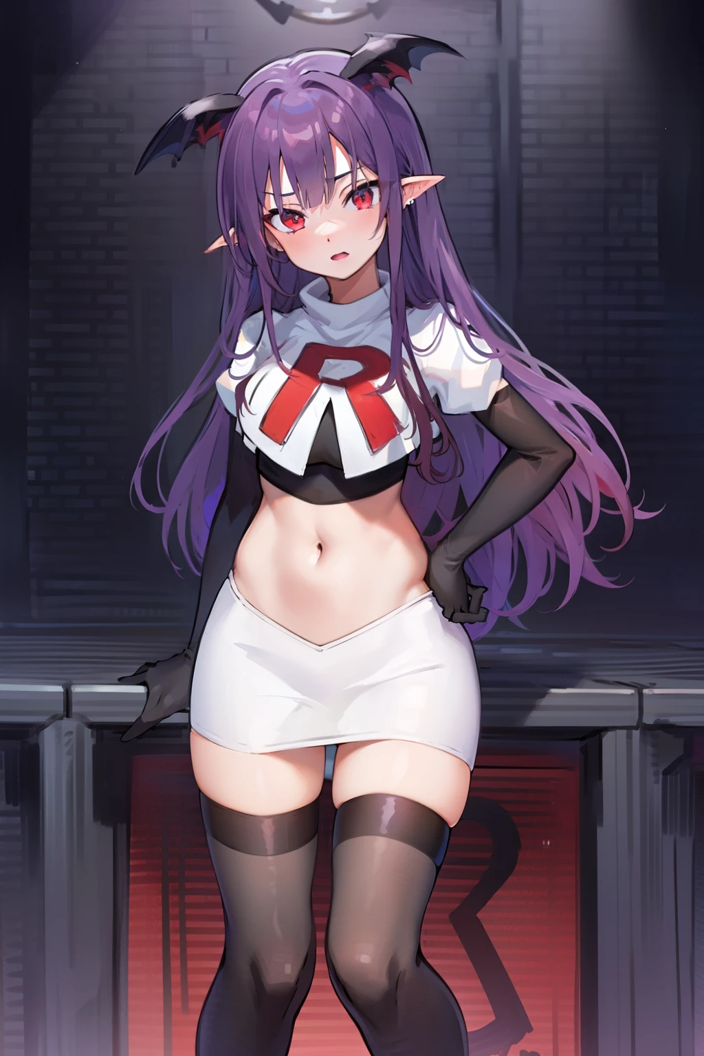 masterpiece, hd, 1girl, mythia, purple long hair, bat ears, red eye, team rocket,team rocket uniform,white skirt,red letter R,crop top,black thigh-highs,black elbow gloves