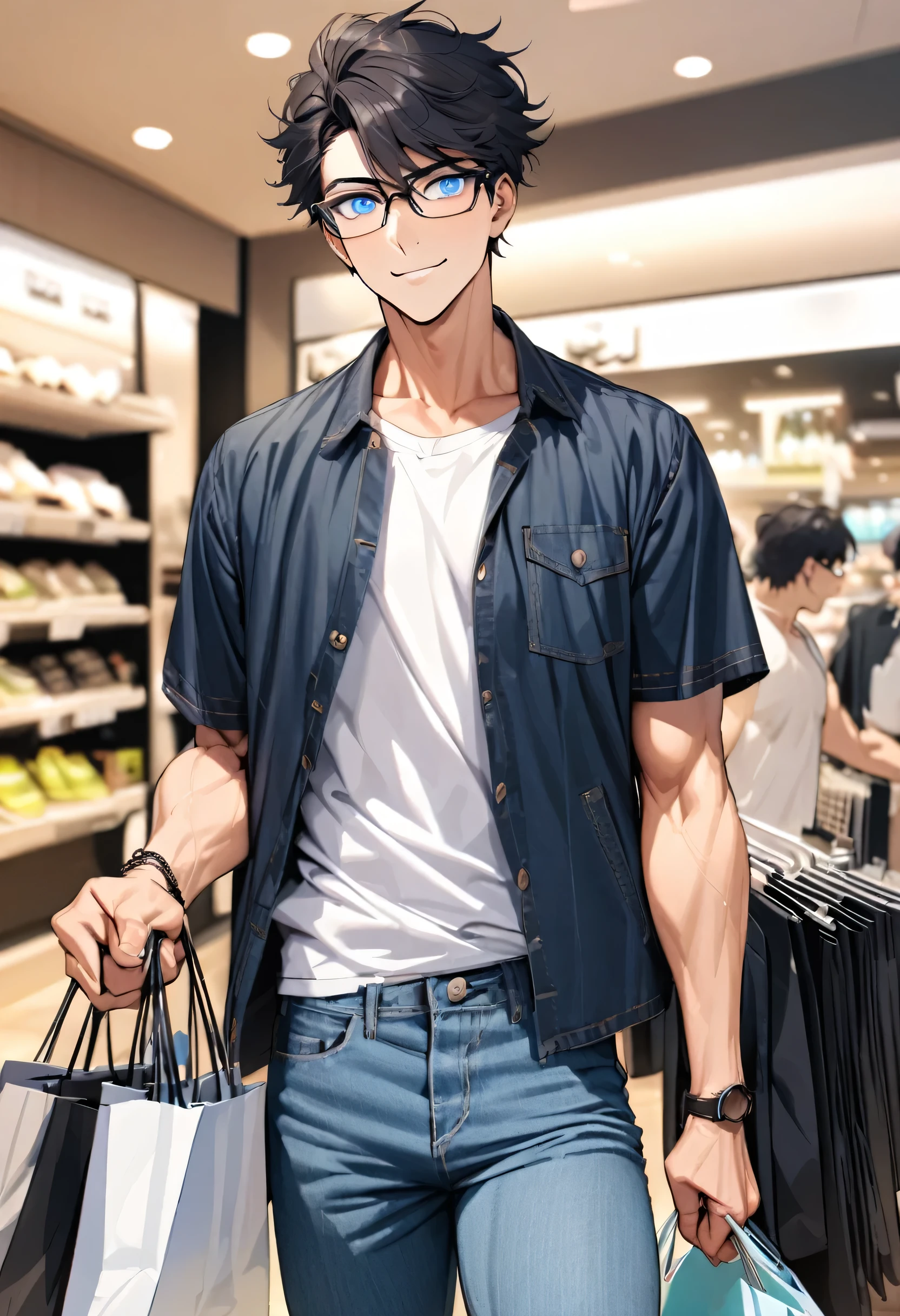 (solo very short hair black hair nice guy, cool blue eyes, glasses, soft smile, Athlete body, tall), (26 yo), (in a Simple shirt, summer Jacket, Denim pants), (hand holding a Shopping Bags), BREAK, (in the shopping mall), perfect anatomy, masterpiece, best quality, 16k, beautiful detailed grow, daydreaming expression.