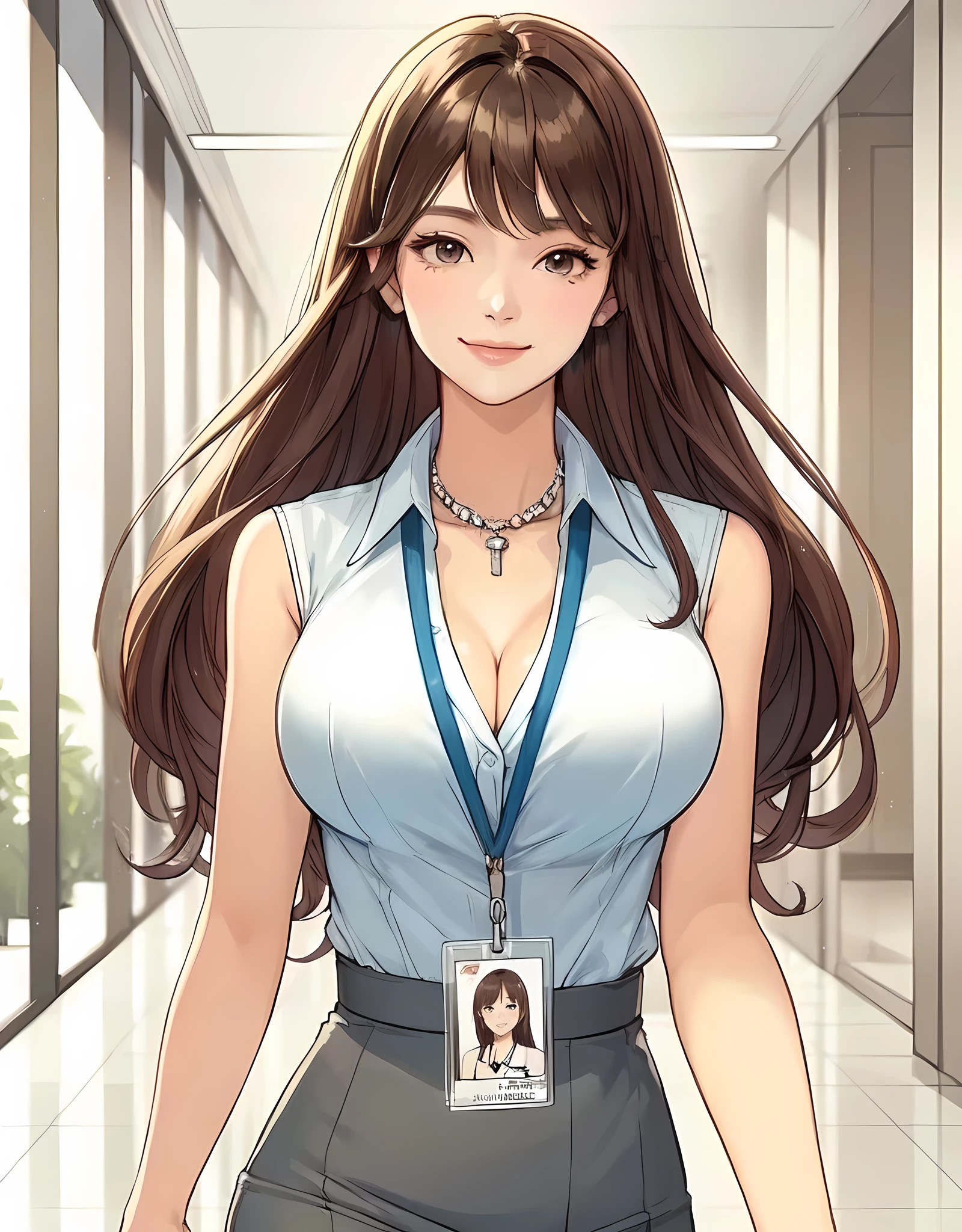 1lady solo, walking slowly, office worker, (office casual) stylish outfit, sleeveless, (id card) lanyard, mature female, /(brown hair/) bangs, kind smile, (masterpiece best quality:1.2) delicate illustration ultra-detailed, large breasts BREAK (modern office) indoors, noon, detailed background