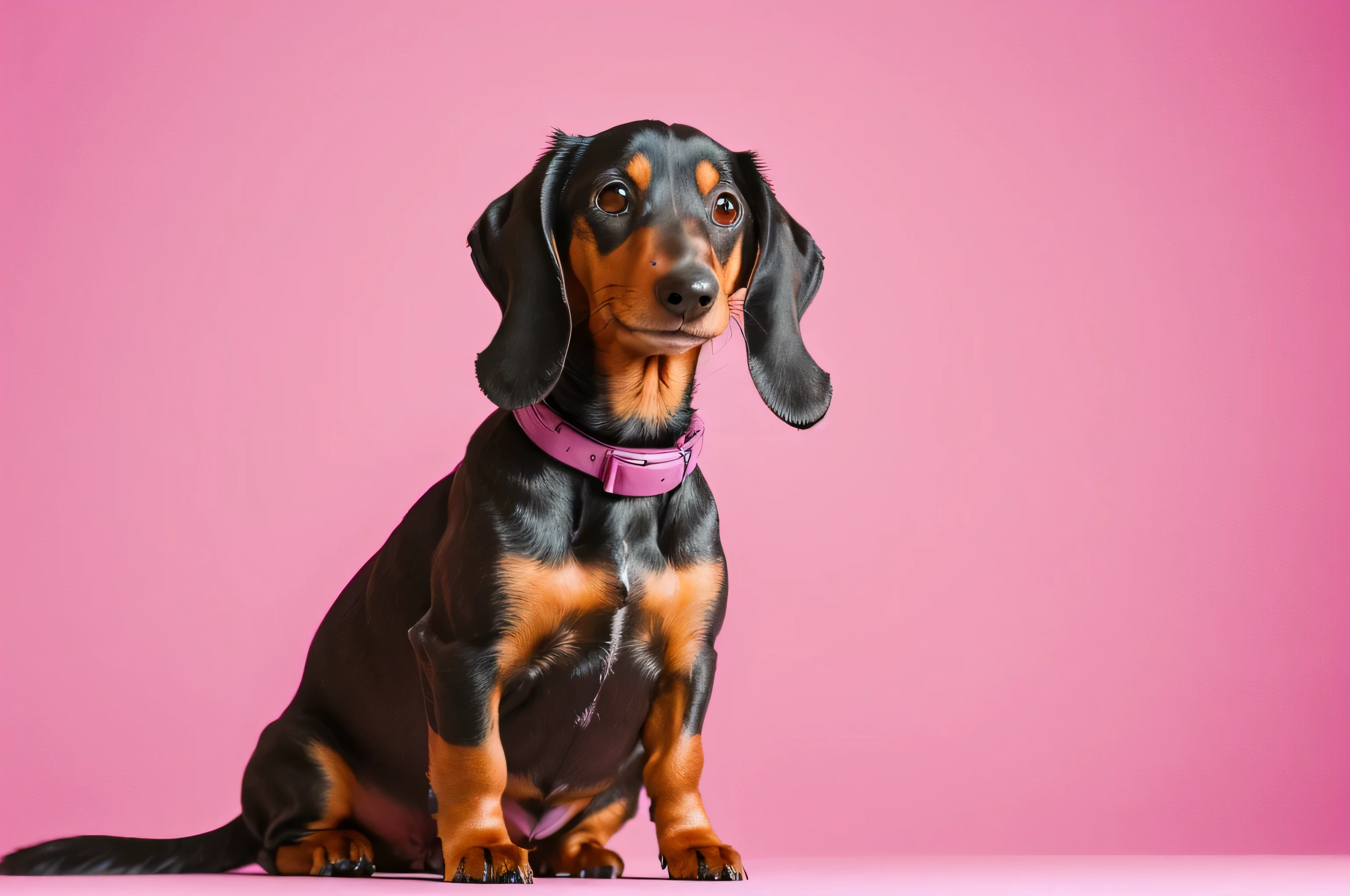 Dachshund sitting on a solid pastel pink background with space above for text