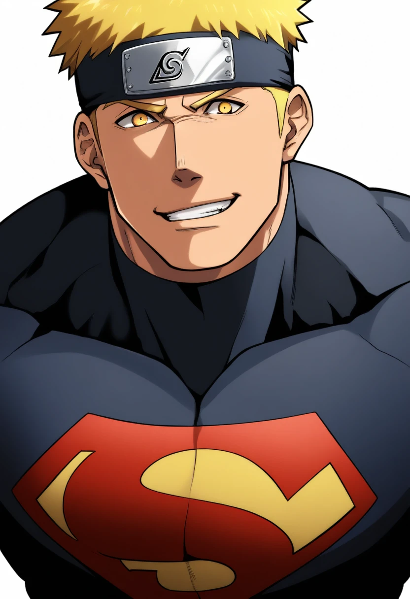 anime characters:naruto, Asma, ung muscular man, male focus, sports Black headband, Black turtleneck superman tight t-shirt, superman logo, muscular male, Extra large breasts, only, Upper body, alone, Yellow short hair, stubble, Yellow eyes, Wink, White background, simple background, amazing quality, best aesthetics, Ridiculous, bright pupils, crew cut, naughty face, torogao, parted lips, best quality