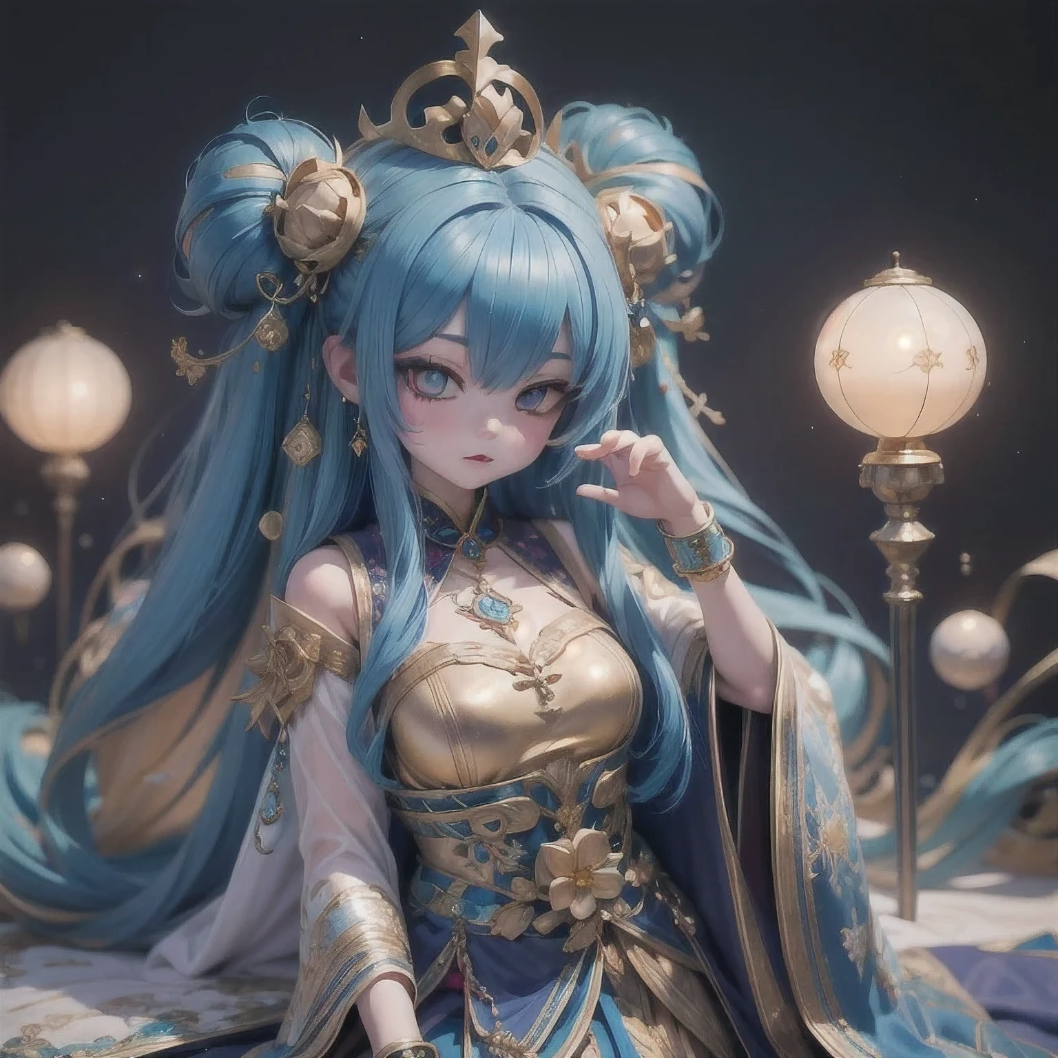 18 years old with blue hair wearing a gold crown and a blue wig, fantasy art style, ((a beautiful fantasy empress)), a beautiful fantasy empress, artwork in the style of Girl, azure. detailed hair, 18 years old, palace ， a girl in hanfu, beautiful celestial mage, anime girl with cosmic hair