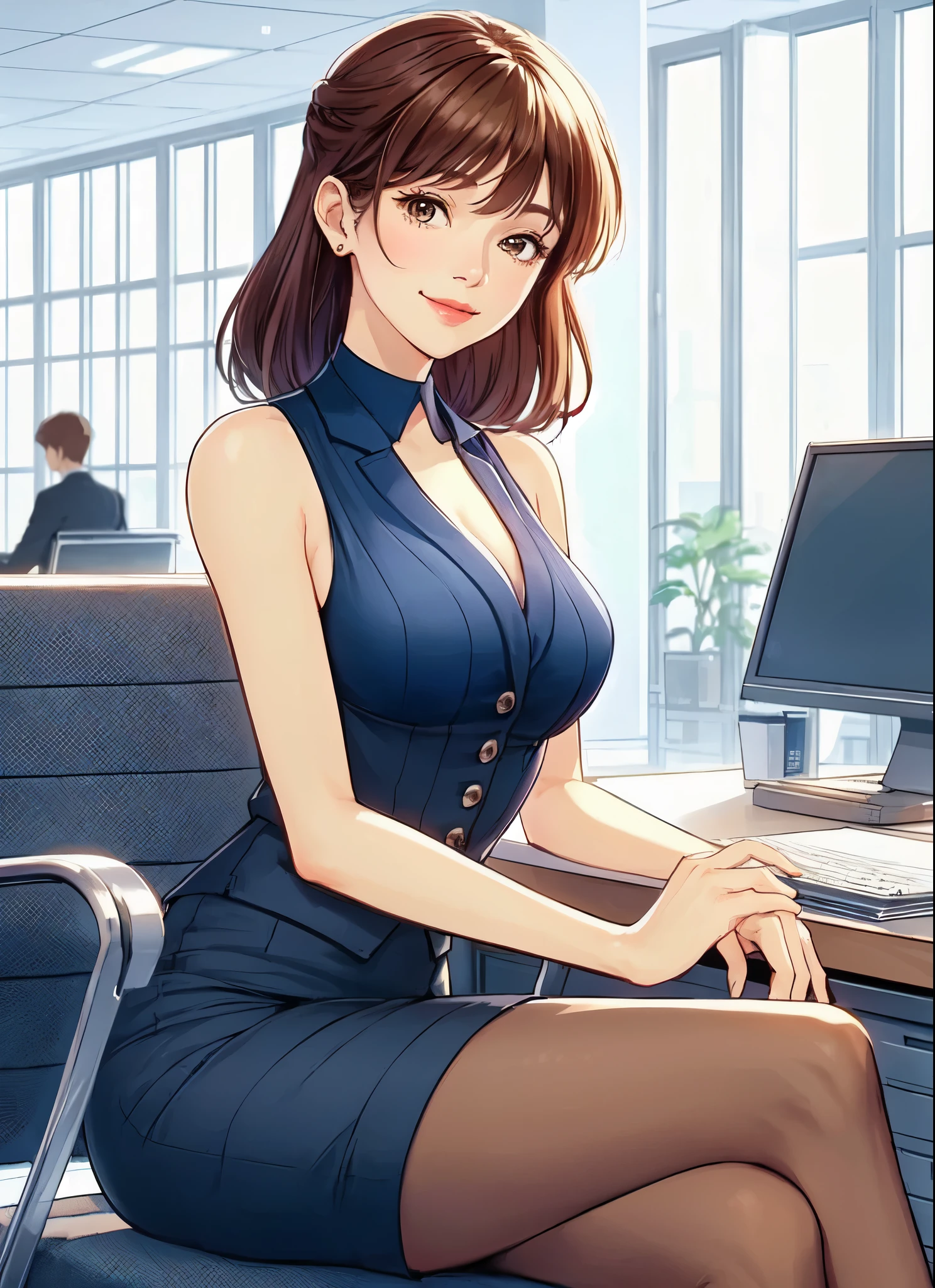 1lady sitting, office worker, (office casual) stylish outfit, sleeveless, mature female, /(reddish-brown hair/) bangs, kind smile, (masterpiece best quality:1.2) delicate illustration ultra-detailed, large breasts BREAK (modern office) indoors, noon, detailed background