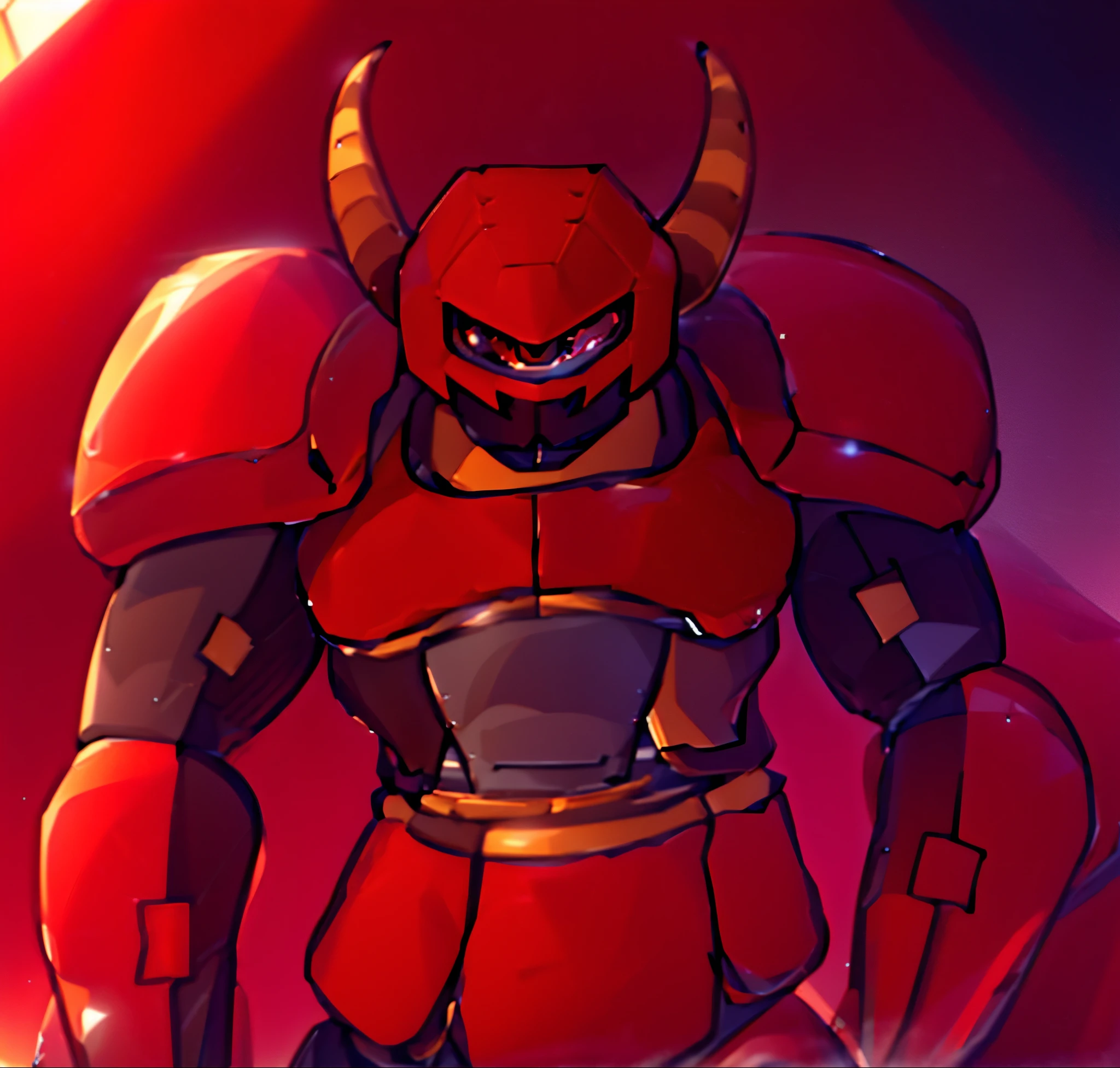 Robot, red mono eye, red body, high quality, golden horns on head, heavily armored,Robot, red mono eye, red body, high quality, golden horns on head, heavily armored, reddish-black shoulders, arm armor is an austere shade, sunset background,