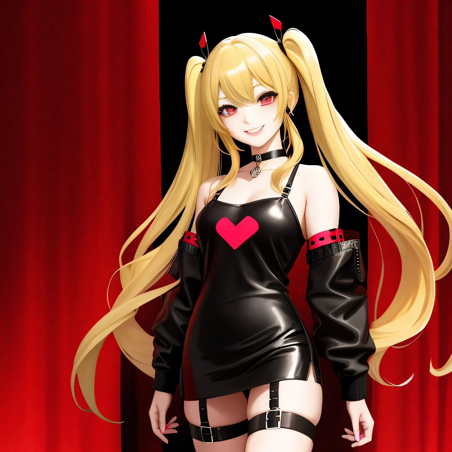 full body Esbian, masutepiece: 1.2, Highest Quality), (Live-action, elaborate details), (1 Lady, Solo, Upper body,) Clothing: Edgy, Black long jumper, red miniskirt, long hair with blonde twin tails,,,,,,,、Avant-garde, Experimental appearance: Long blonde twin tail hair 、Red eyes、Heart-shaped choker、The location: karaoke、Solo, Nice smile、Value Creation in Mixed Media Art: individuality, authenticity, Creative expression