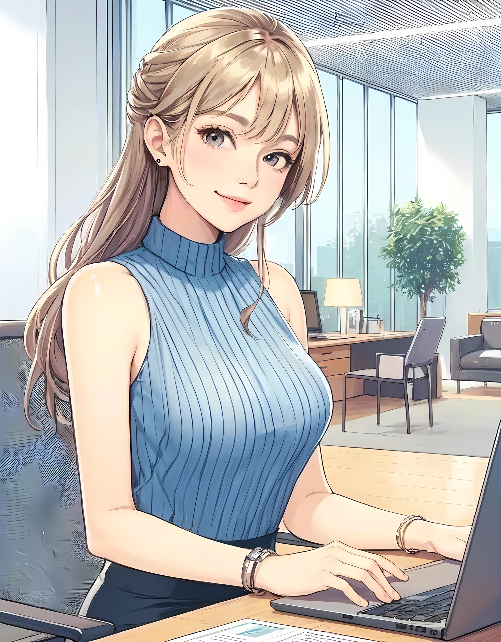 1lady sitting, office worker, (office casual) stylish outfit, sleeveless, mature female, /(beige hair/) bangs, kind smile, (masterpiece best quality:1.2) delicate illustration ultra-detailed, large breasts BREAK (modern office) indoors, noon, detailed background