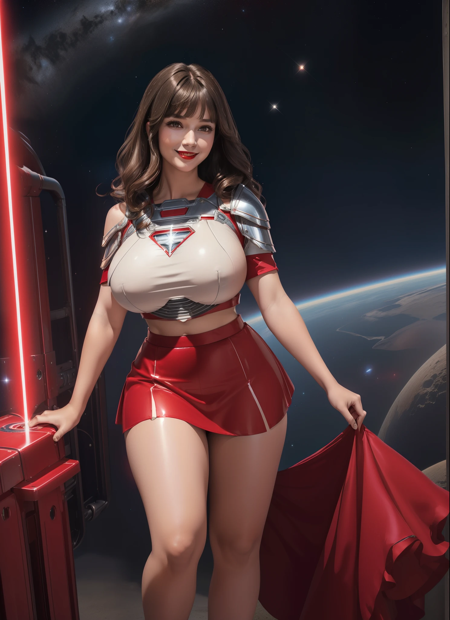 Supergirl, 27 years old, full body view Beautiful woman (((shoulder length wavy brunette hair, two side up with bangs))) defined body, Red lipstick, smiling, hands free, standing facing camera, (( short sleeve, two piece knee length sparkling red futuristic body armor with matching red skirt)), space station orbiting earth, (large_breasts:1.4) (curvy:1.3)(chubby:1.0)