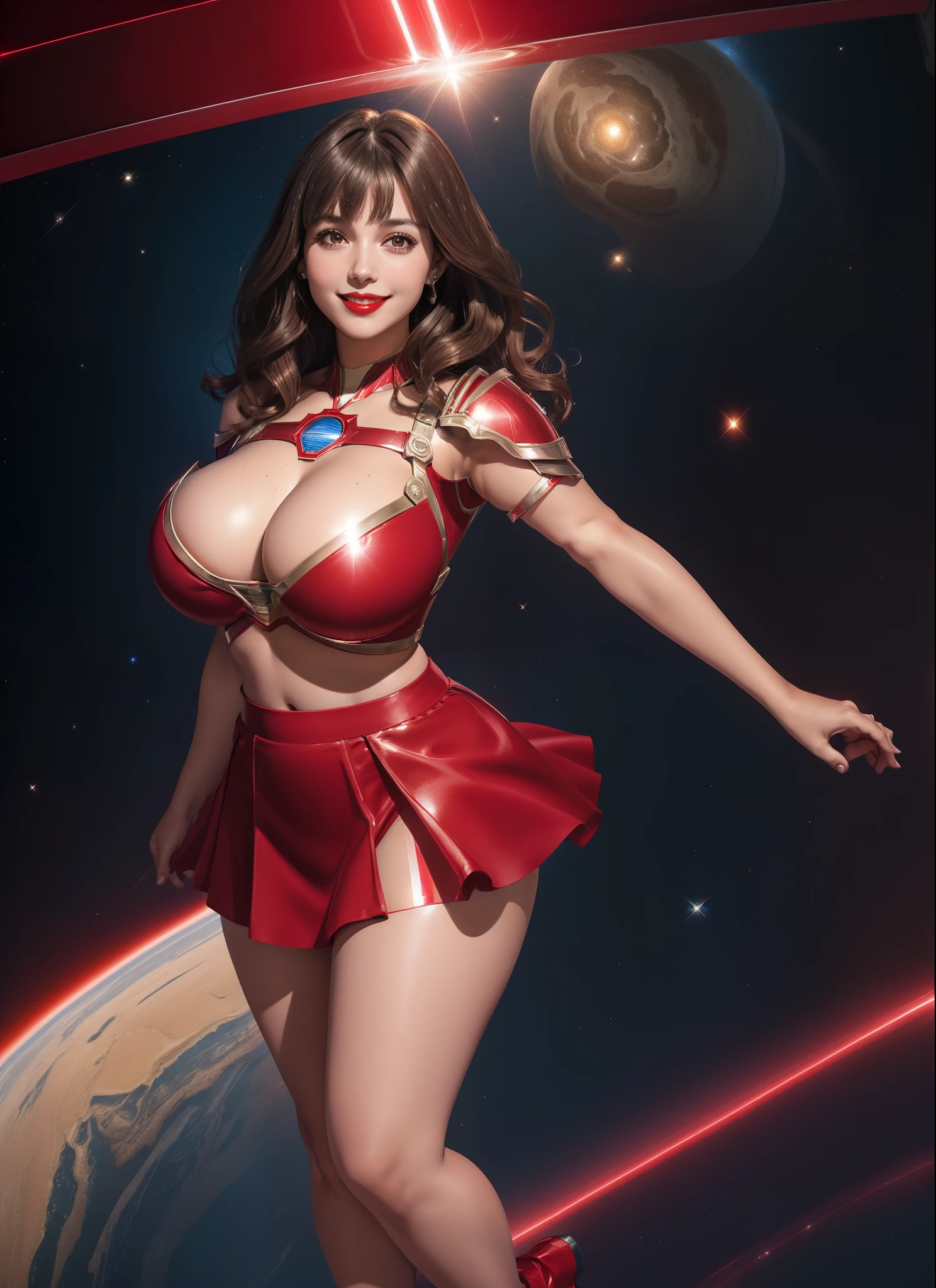 Supergirl, 27 years old, full body view Beautiful woman (((shoulder length wavy brunette hair, two side up with bangs))) defined body, Red lipstick, smiling, hands free, standing facing camera, (( short sleeve, two piece knee length sparkling red futuristic body armor with matching red skirt)), space station orbiting earth, (large_breasts:1.4) (curvy:1.3)(chubby:1.0)