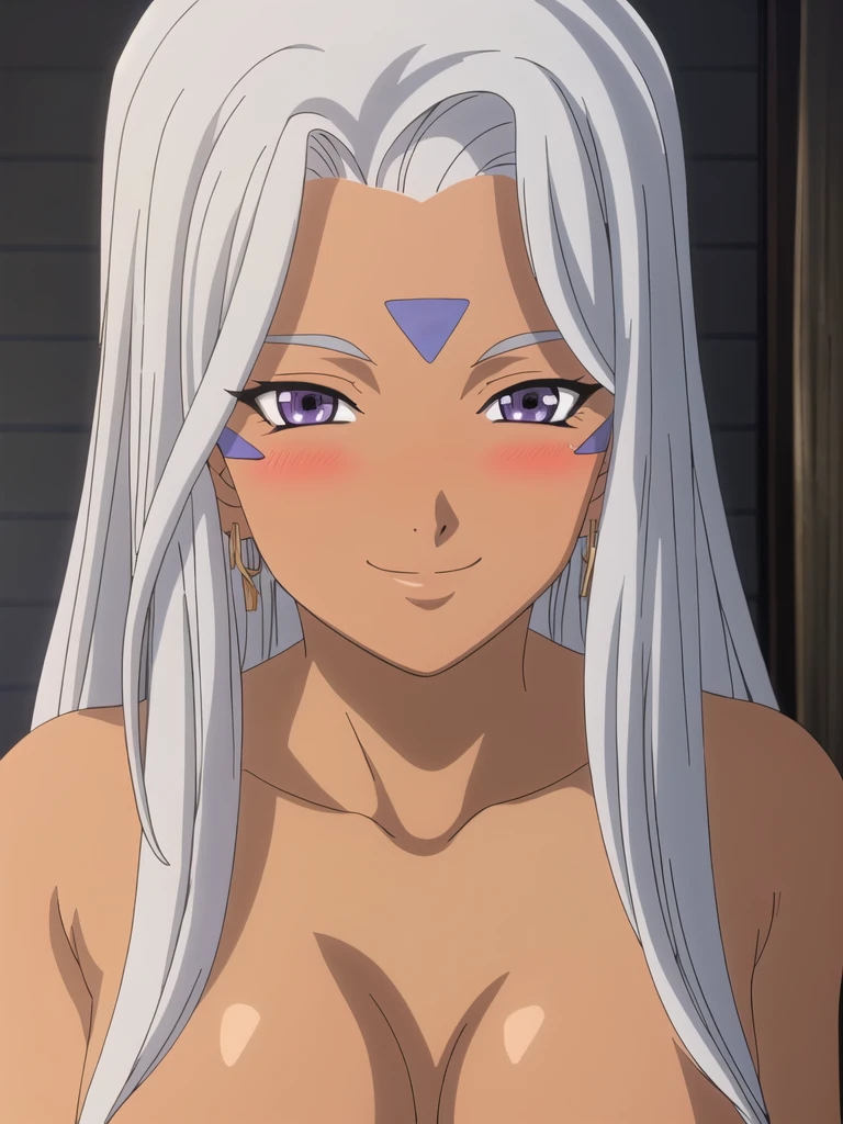 Urd, 1girl, solo, lower body, portrait, dark skin, seductive, looking at viewer, smile, blushing, nude, perfect quality, good quality, masterpiece, HDR, UHD