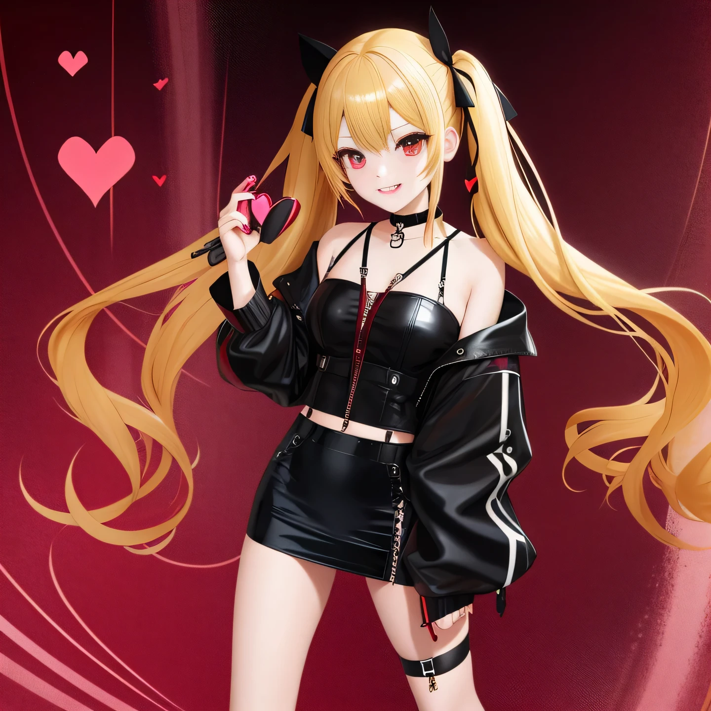 full body Esbian, masutepiece: 1.2, Highest Quality), (Live-action, elaborate details), (1 Lady, Solo, Upper body,) Clothing: Edgy, Black long jumper, red miniskirt, long hair with blonde twin tails,,,,,,,、Avant-garde, Experimental appearance: Long blonde twin tail hair 、Red eyes、Heart-shaped choker、The location: karaoke、Solo, Nice smile、Value Creation in Mixed Media Art: individuality, authenticity, Creative expression
