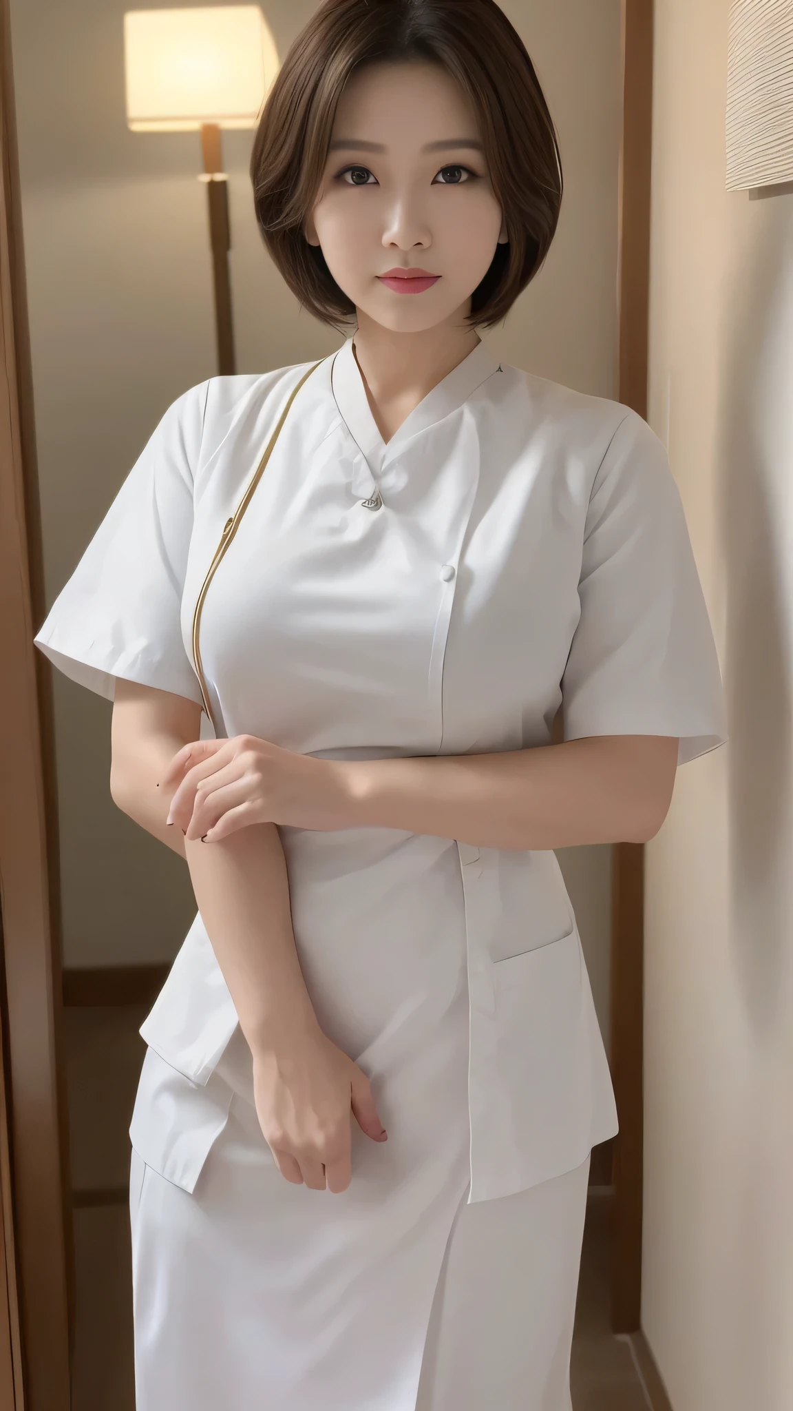 (8k, best quality, masterpiece, golden ratio composition,:1.3), (beautiful Japanese mature woman in her 30s), (wearing white Nurse's uniform:1.4), (huge breasts), short cut hair