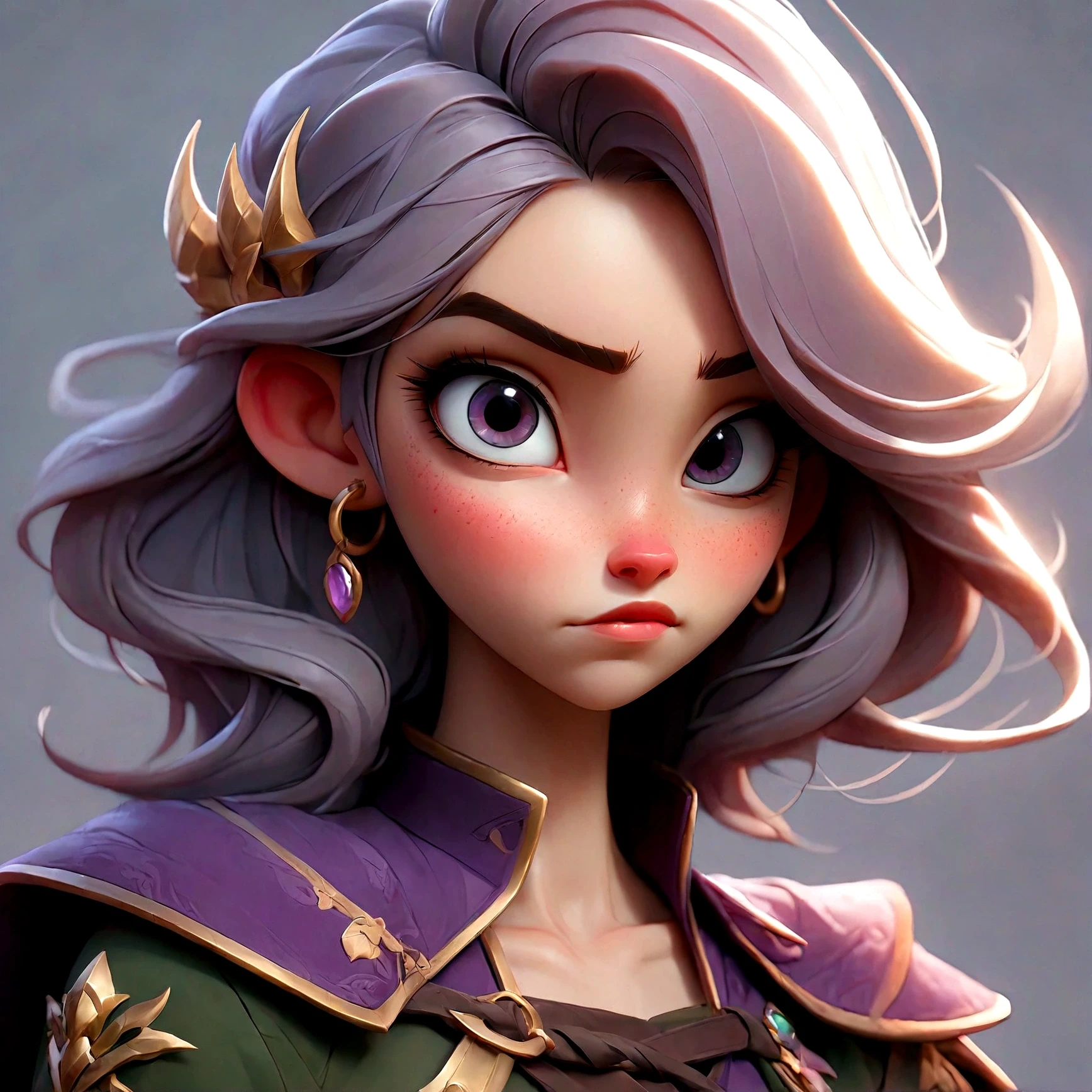 there is a 18 years old in a purple dress holding a dragon, wlop and ross tran, ross tran 8 k, fantasy art style, chengwei pan on artstation, a beautiful fantasy empress, ross tran and wlop, ruan jia and artgerm, the dragon girl portrait, ig model | artgerm, artgerm and ruan jia，beautiful 1girl bangs blue eyes closed mouth ear piercing earrings grey background hair ornament jewelry lips looking at viewer military military uniform nose piercing portrait realistic short hair simple background solo upper body