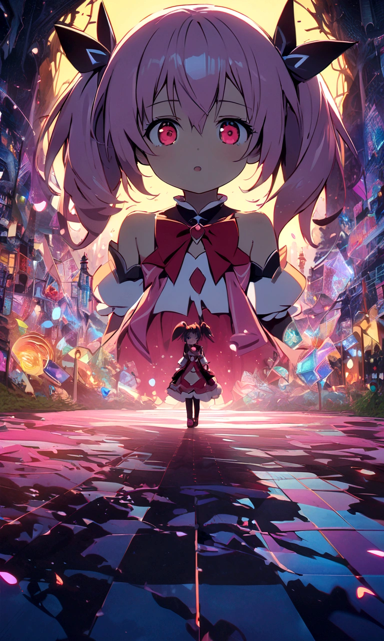 kaname_madoka\(Puella Magi Madoka Magica,(magical girl costume),pink short twin tails,red bows,open shoulderl,bow at neck,white grove,red juwel at clavicle,(chibi:0.3)\) is standing with confused face in the center wondering,geometric and chaotic background with gothic shadow puppet castles,(in a very psychedelic nightmare), BREAK ,quality\(8k,wallpaper of extremely detailed CG unit, masterpiece,hight resolution,top-quality,top-quality real texture skin,hyper realisitic,increase the resolution,RAW photos,best qualtiy,highly detailed,the wallpaper,cinematic lighting,ray trace,golden ratio\),(long shot),(wide shot),blured background,(art by Maurits Escher:1.3)