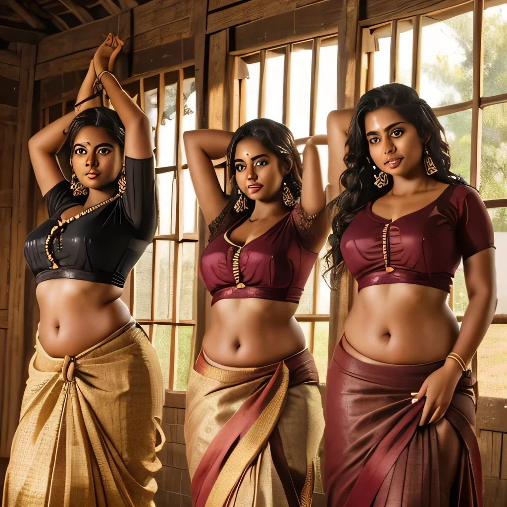 3girls, raise hands realistic photograph of three young rustic Tamil village belle dressed in an ((unhooked blouse and Indian skirt)) standing inside a farm in rural India, fair skin, curvy and toned body, tall, big , hourglass figure, big ass, seductive, detailed cute face, full lips, smiling, studio lighting , hyper realistic.