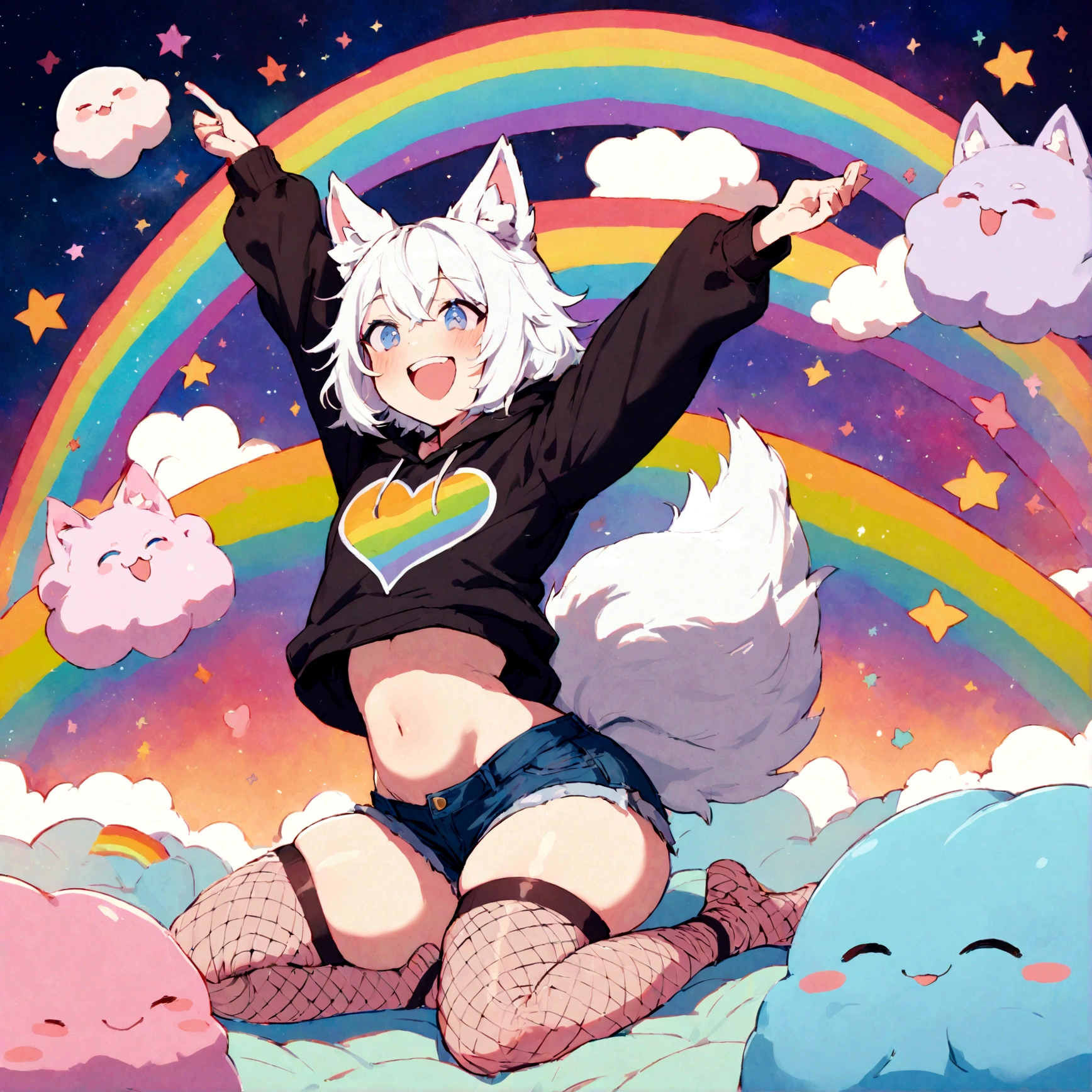 a cute adult male with wolf ears, white hair, has a wolf tail, wearing a loose cropped oversized black hoodie, wearing a pair of denim short shorts and thigh high fishnet stockings, thick thighs, wide hips, relaxing on mound of fluffy multi colored kawaii plushies, short, very slim, showing slender tummy, stretching out, heart on hoodie, squishy thighs, has glowing blue eyes. alone, solo (ALONE)(SOLO), surrounded by rainbows, colorful galaxy backround, mouth wide open grin, very happy, excited