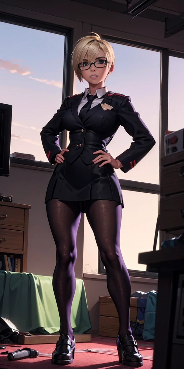 (high quality:1.1), cinema lighting, extremely detailed, Calhoun, standing, hands on hips, determined, clenched teeth, purple hair, blonde hair, short hair, lips, purple eyes, glasses, uniform, necktie, white shirt, skirt, pantyhose, shoes, large breasts, thighs, messy room, window, sky,