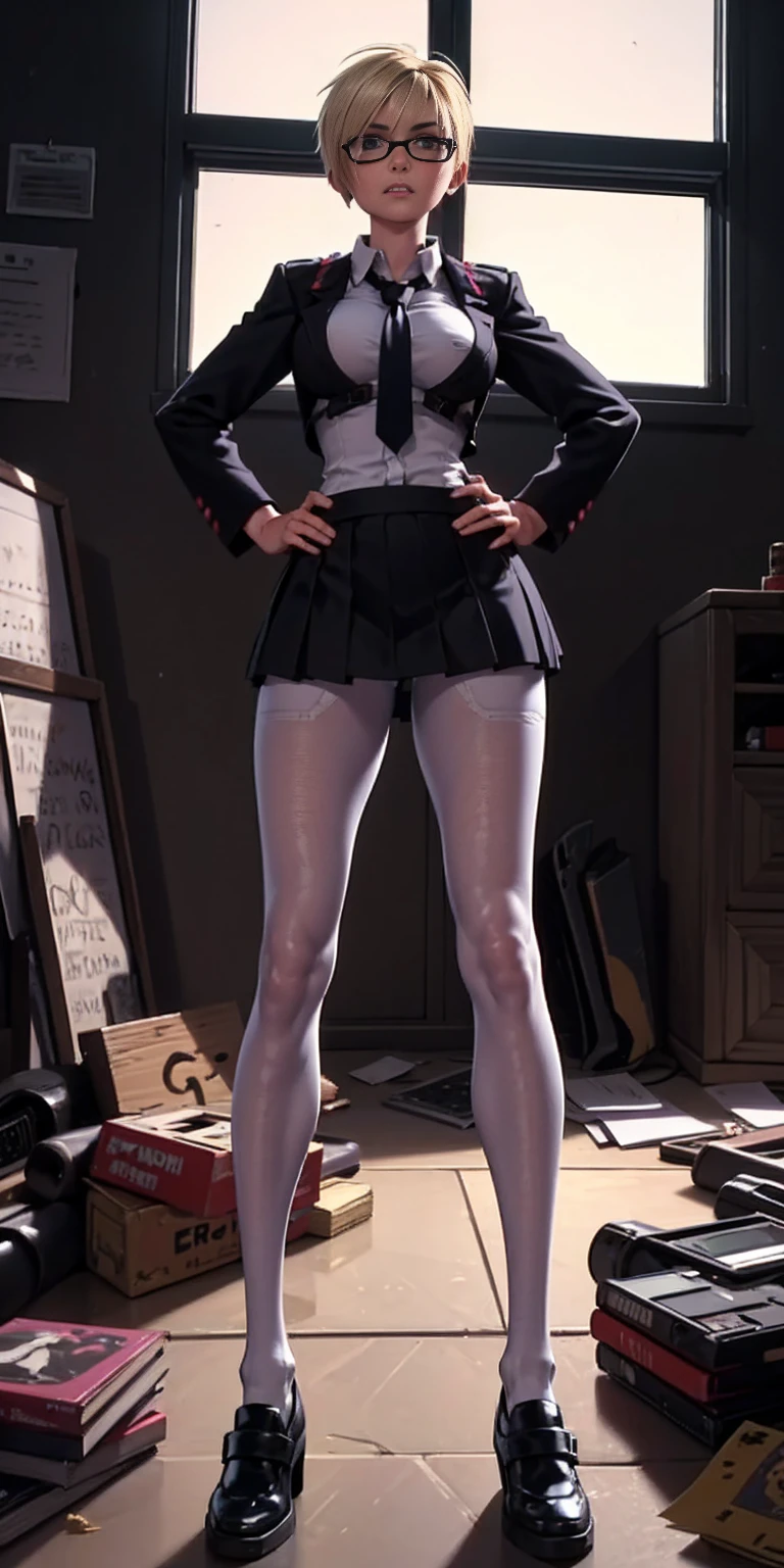 (high quality:1.1), cinema lighting, extremely detailed, Calhoun, standing, hands on hips, determined, clenched teeth, purple hair, blonde hair, short hair, lips, purple eyes, glasses, uniform, necktie, white shirt, skirt, pantyhose, shoes, large breasts, thighs, messy room, window, sky,