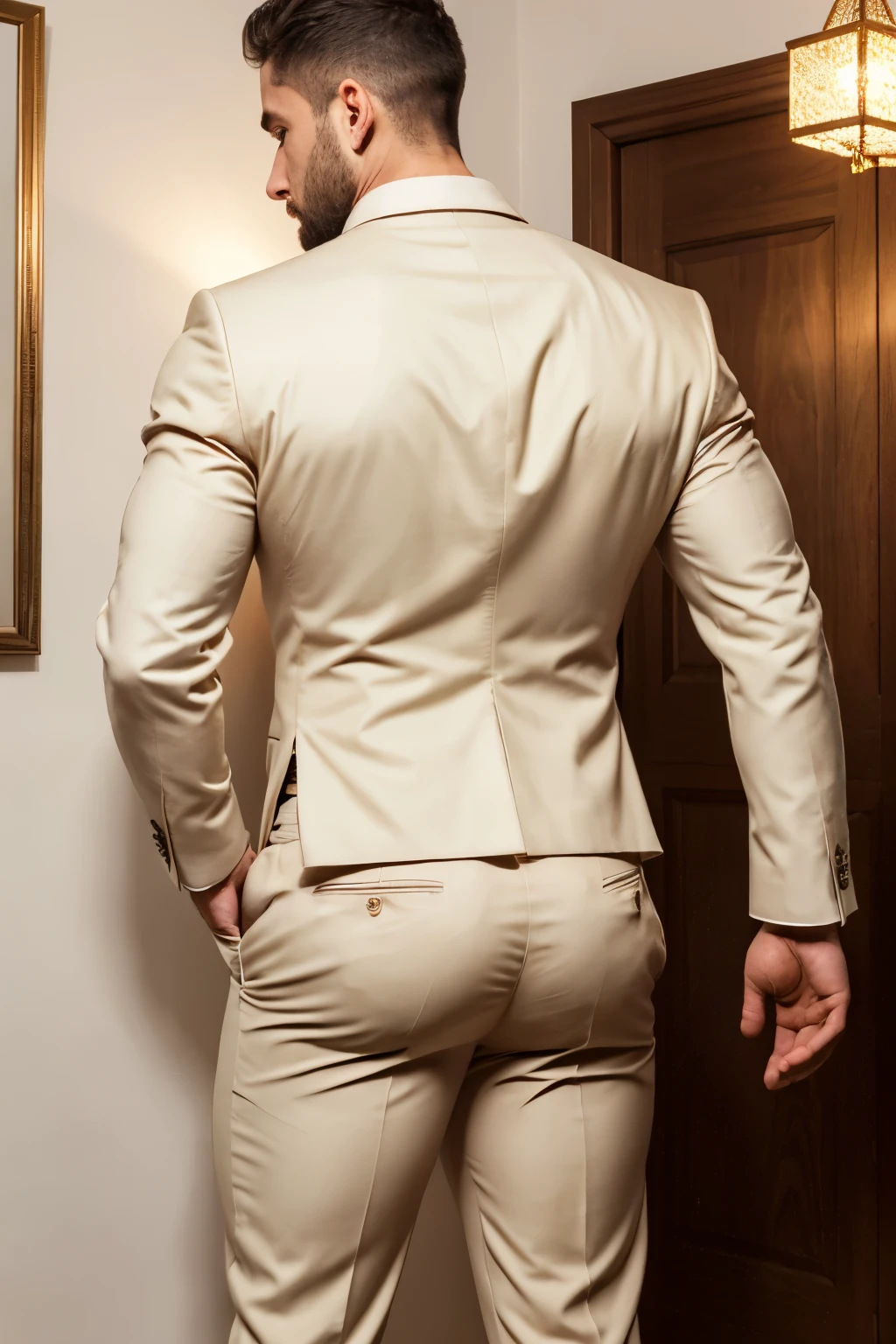 Beautiful man 30 years old, muscular body, barba rala, mas seu rosto esta iluminado pela fogueira. Beige formal trousers ((backside))