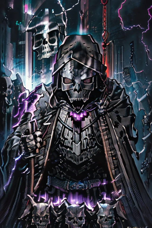 (realistic illustration:1.3),((dark fantasy:1.4)). ((black skull face:1.4)), ((Hooded)) shadow ((wraith)) in black battle armor, (glowing violet eyes:1.2), (cross pendant:1.3). brandishing black ((great sword)) in purple flames. masterpiece