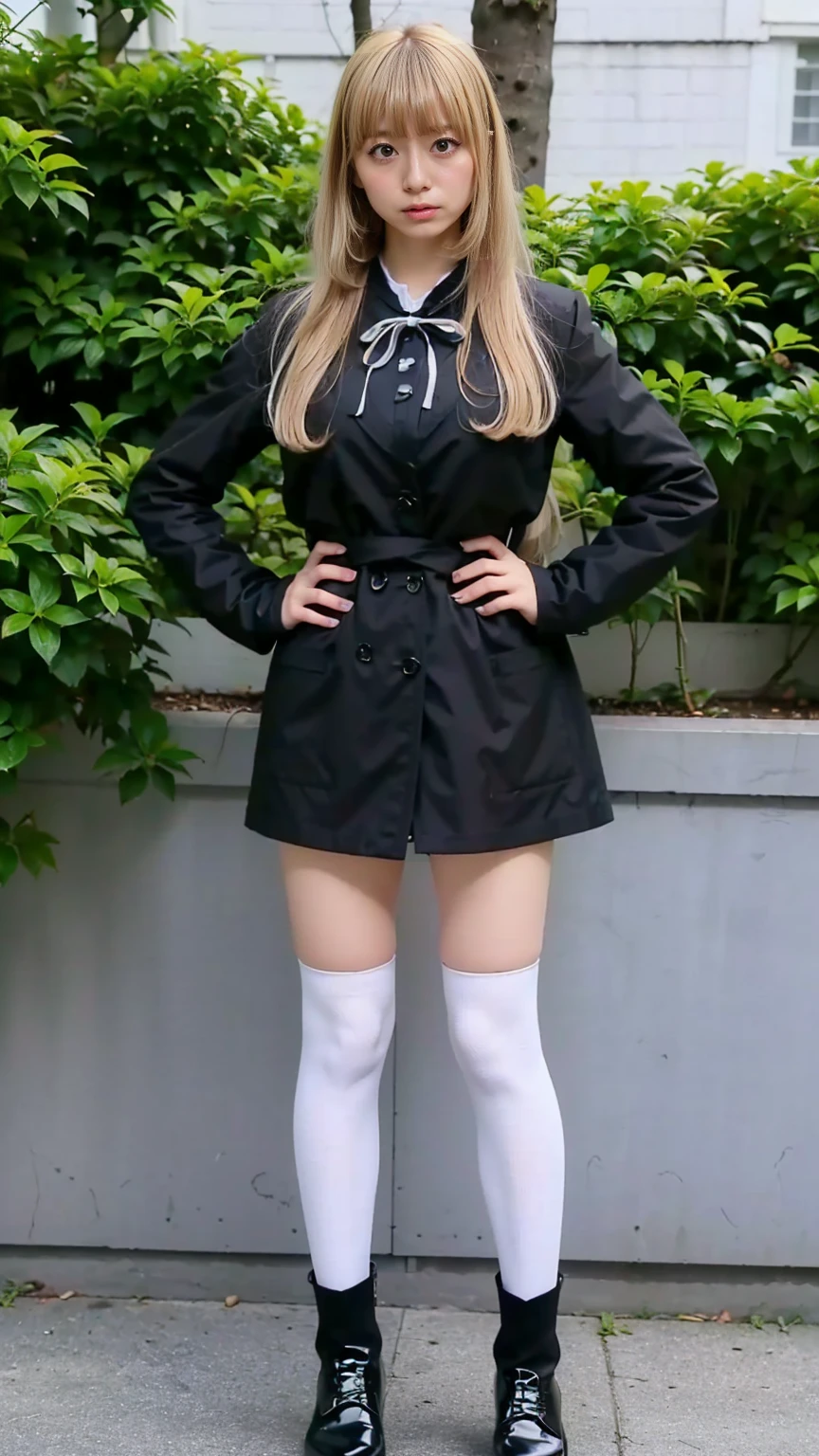 (8k、RAW Photos、highest quality、masterpiece:1.2)、(Realistic、Realistic)、1 girl、((Black Coat、Blonde、Black Mini Skirt、Ribbon on chest、Knee socks、、Big Breasts、boots、whole body、garden、View from the front、Looking into the camera、Standing with hands on hips))、