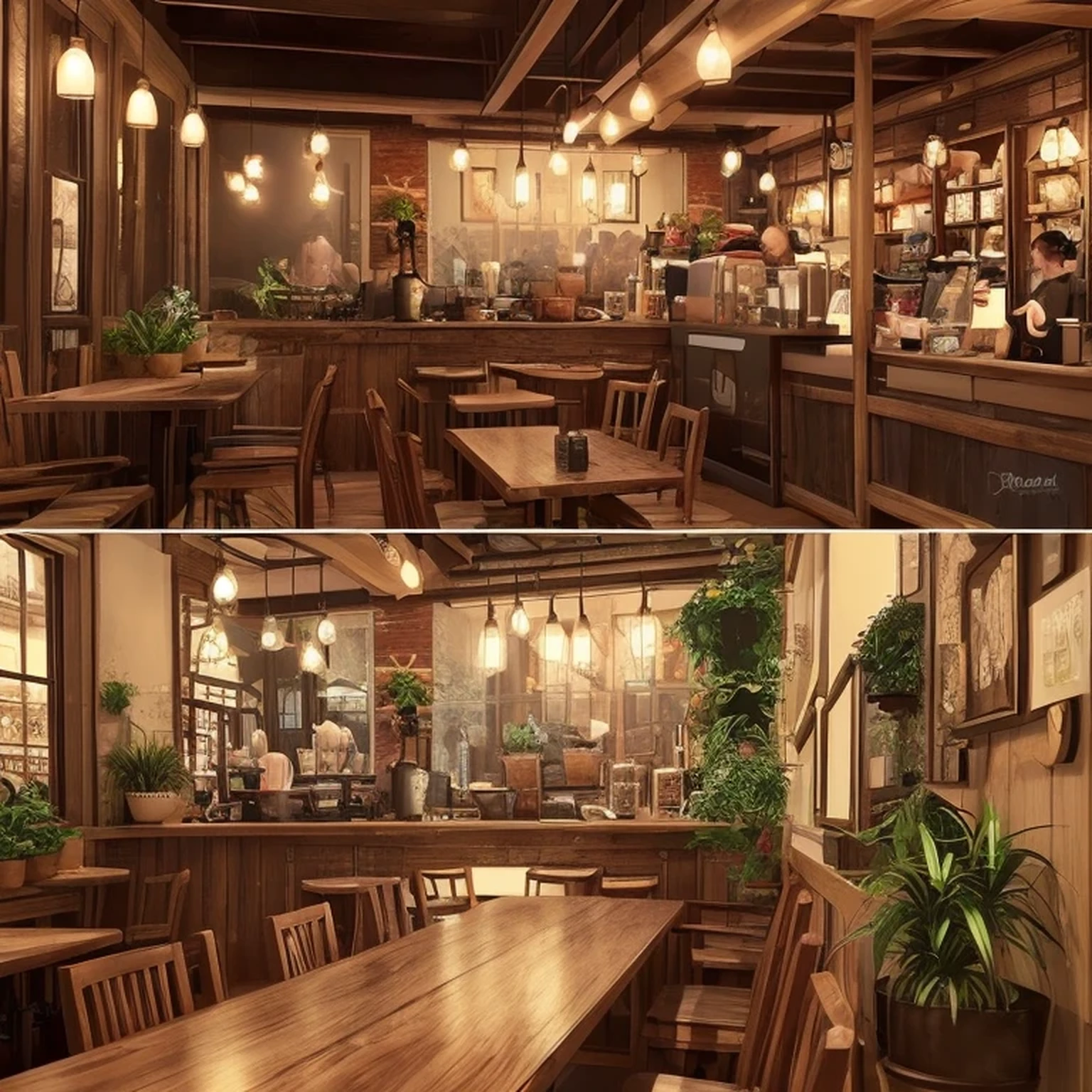 level,
The interior of the coffee shop is painted with exquisite detail and vibrant colors.. Delicate steam rises from a hot coffee cup on a table,
The seat has a soft cushion,
Lots of potted plants,
Create a cozy and inviting atmosphere. Soft lighting casts a warm, beautiful glow over the dreamy scene,
An ideal place to relax and escape from reality. coffee shop interior,
Steaming hot coffee on the table,
Creating a cozy space,
Display a hot cup of coffee on a table,
Beautiful and dreamy atmosphere with a warm and cozy feel. (High resolution,8k) Highly detailed anime illustration of a coffee shop interior,
It's evening,