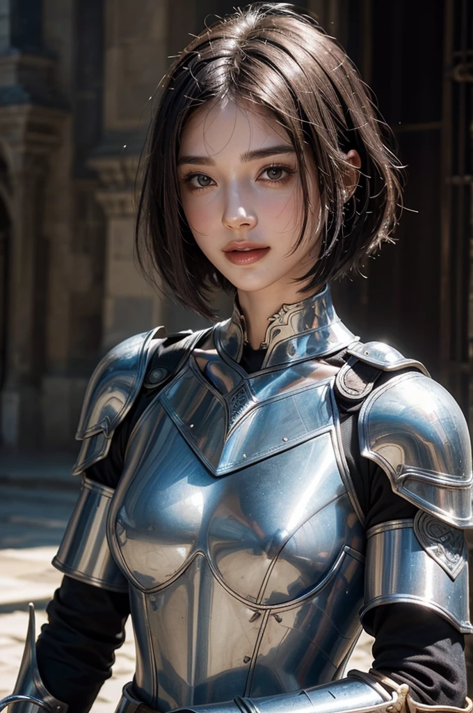 Medieval France, A world of swords and magic,  Fantasy, Medieval Knight,thin, Shiny and beautiful armor, Detailed Armor, Blue surcoat and armor, Sword in hand,Adobe Photoshop, Realistic digital painting, Historical portraits, High resolution, Warm Light, Iconic art, Brave, An exciting atmosphere, (whole body), 18 year old female knight, Black Hair, (Bobcut:1.4), ((Beautifully detailed face)), Baby Face, beautifully detailed skin, Intricate details, Very detailed,Detailed lips,Open your mouth,Realistic Face,smile, blush,Embarrassing,Realistic Skin,(Vibrant Skin,Moisturized Skin:1.2),Vivid lips,Lip gloss