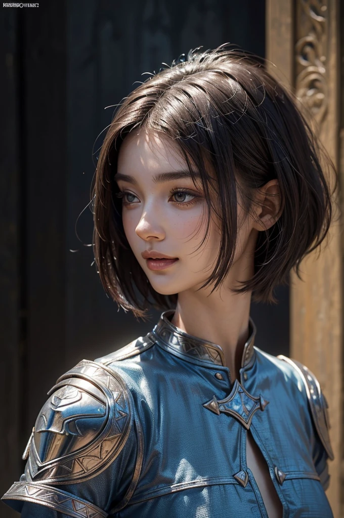 Medieval France, A world of swords and magic, Fantasy, Medieval Knight,thin, Shiny and beautiful armor, Detailed Armor, Blue surcoat and armor, Sword in hand,Adobe Photoshop, Realistic digital painting, Historical portraits, High resolution, Warm Light, Iconic art, Brave, An exciting atmosphere, (whole body), 18 year old female knight, Black Hair, (Bobcut:1.4), ((Beautifully detailed face)), Baby Face, beautifully detailed skin, Intricate details, Very detailed,Detailed lips,Open your mouth,Realistic Face,smile, blush,Embarrassing,Realistic Skin,(Vibrant Skin,Moisturized Skin:1.2),Vivid lips,Lip gloss
