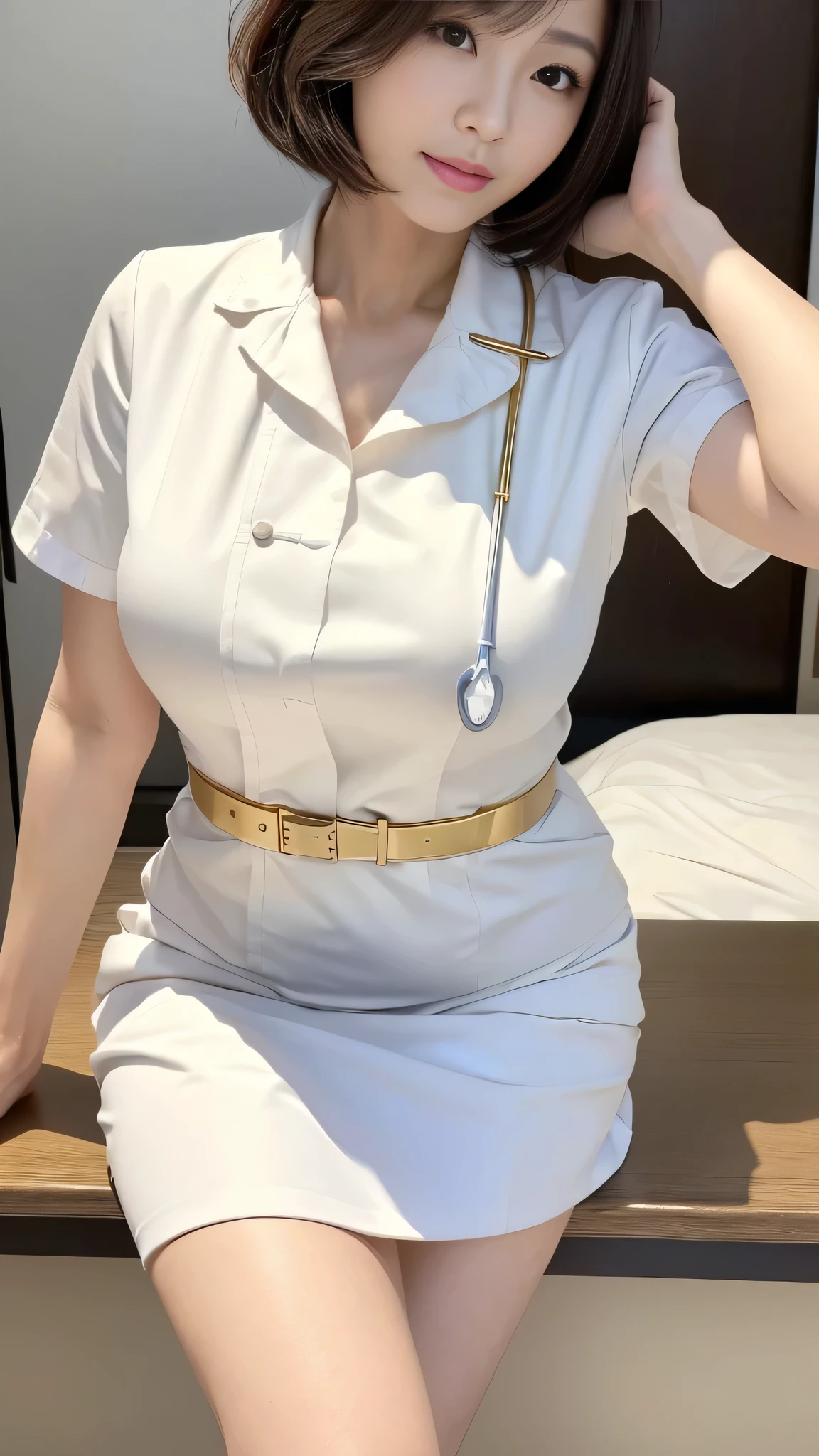 (8k, best quality, masterpiece, golden ratio composition,:1.3), (beautiful Japanese mature woman in her 30s), (wearing white Nurse's uniform:1.4), (huge breasts), short cut hair