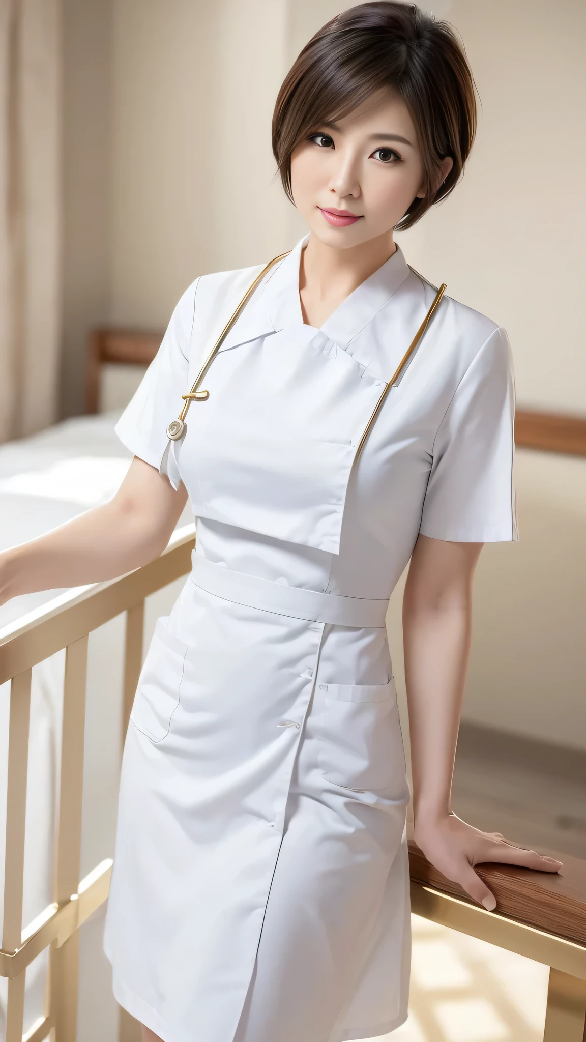 (8k, best quality, masterpiece, golden ratio composition,:1.3), (beautiful Japanese mature woman in her 30s), (wearing white Nurse's uniform:1.4), (huge breasts), short cut hair