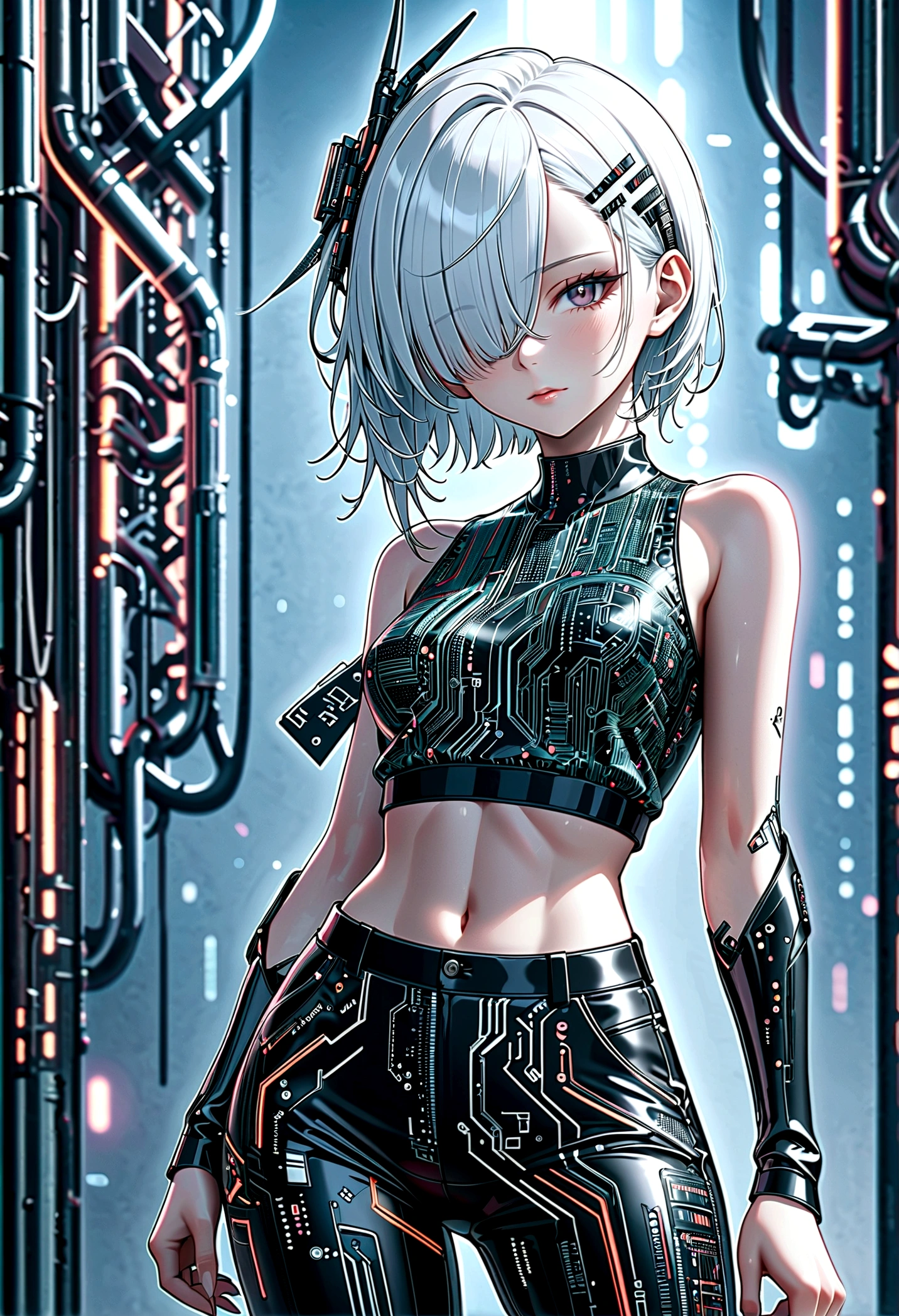 beautiful Cybernetics girl, hair over one eye, Hair accessories, (Delicate skin), Pale skin, black crop top made of circuit boards, Futuristic pants, on branch, v, Japanese words with glitter effect, cyberpunk background,Sensual, is attractive, (masterpiece:1.3), (best quality:1.3), (ultra detailed:1.3), 8k, extremely clear