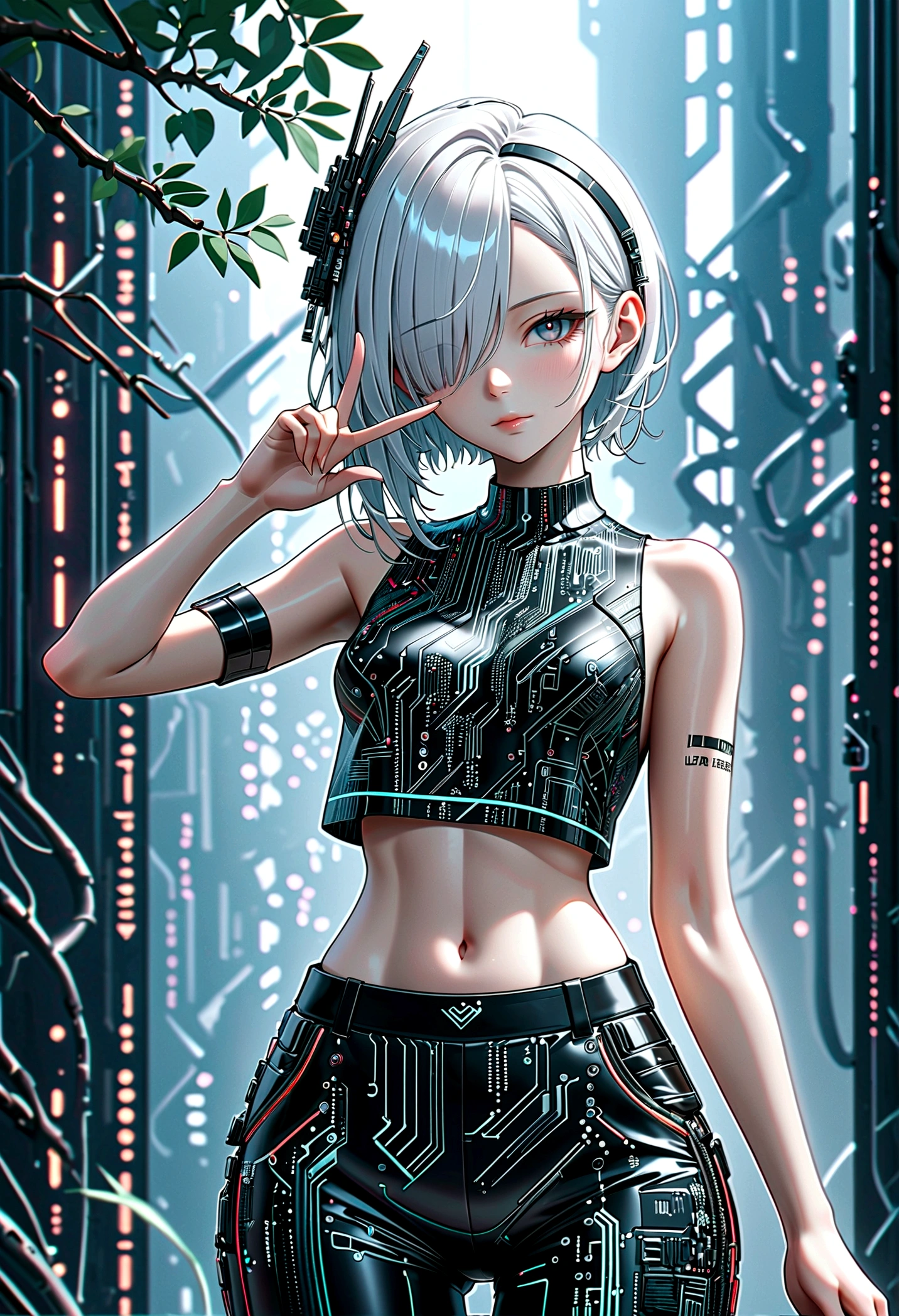 beautiful Cybernetics girl, hair over one eye, Hair accessories, (Delicate skin), Pale skin, black crop top made of circuit boards, Futuristic pants, on branch, v, Japanese words with glitter effect, cyberpunk background,Sensual, is attractive, (masterpiece:1.3), (best quality:1.3), (ultra detailed:1.3), 8k, extremely clear