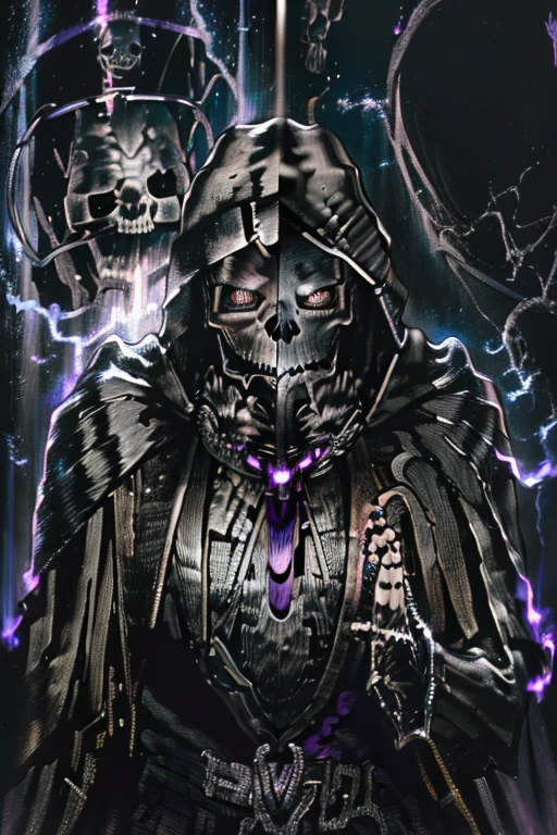 (realistic illustration:1.3),((dark fantasy:1.4)). ((black skull face:1.4)), ((Hooded)) shadow ((wraith)) in black battle armor, (glowing violet eyes:1.2), (cross pendant:1.3). brandishing black ((great sword)) in purple flames. masterpiece