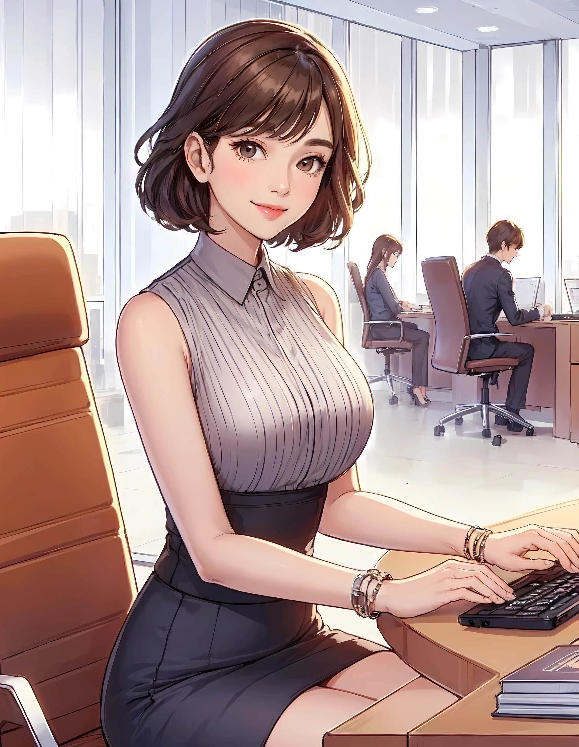 1lady sitting, office worker, (office casual) stylish outfit, sleeveless, mature female, /(vivid brown hair/) bangs, kind smile, (masterpiece best quality:1.2) delicate illustration ultra-detailed, large breasts BREAK (modern office) indoors, noon, detailed background