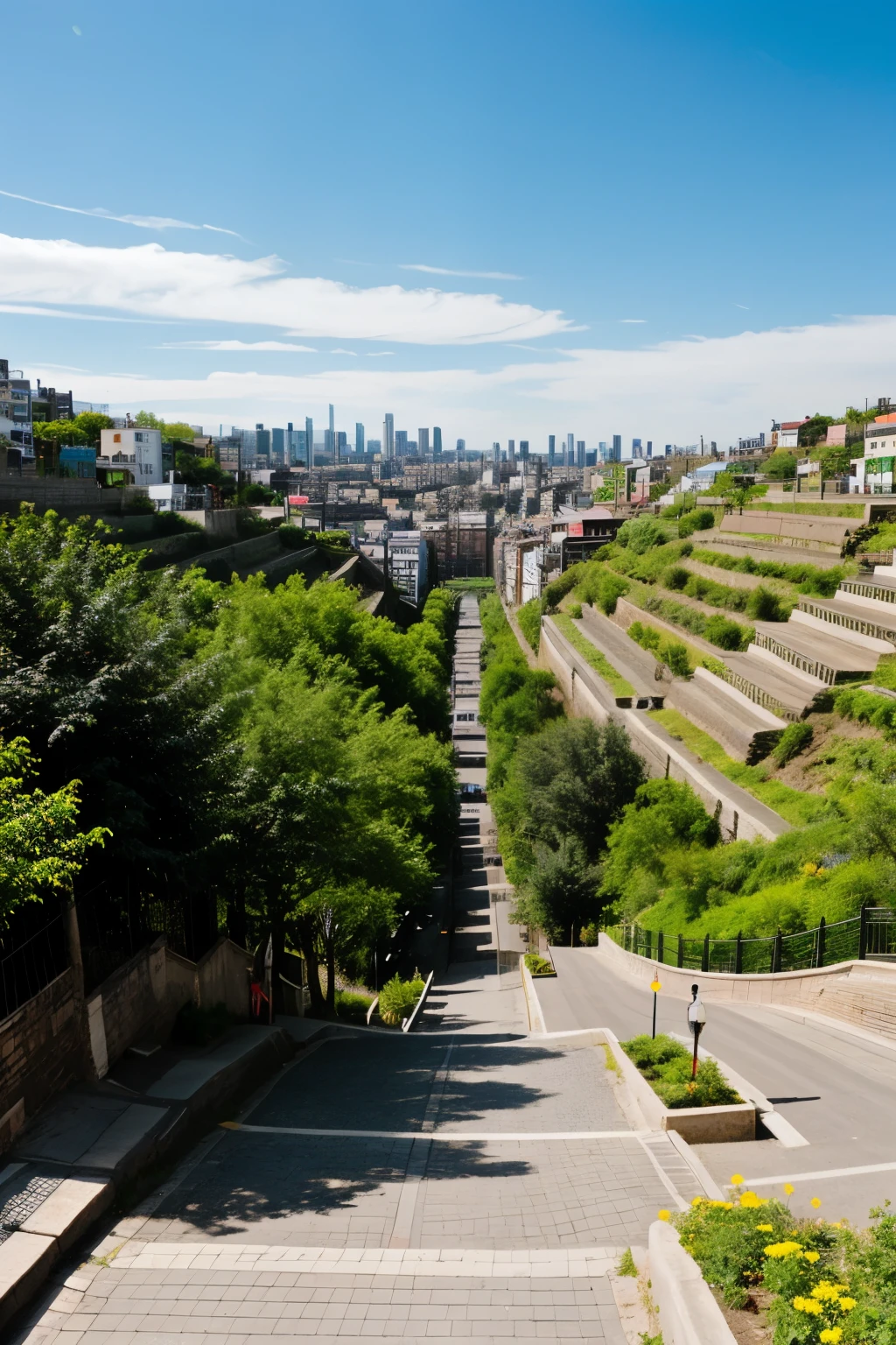 a terraced park between two elevated streets that connect the highway with the town on the hill
