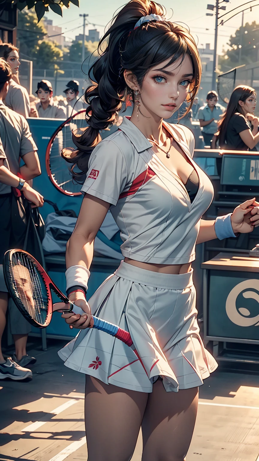24 year old Japanese woman、Black Hair、Iris、Sexy proportions、Cleavage Emphasis、Professional tennis player、Sun visor、ponytail、Holding a tennis racket、Put the wristband on your wrist、Micro Mini Skirt