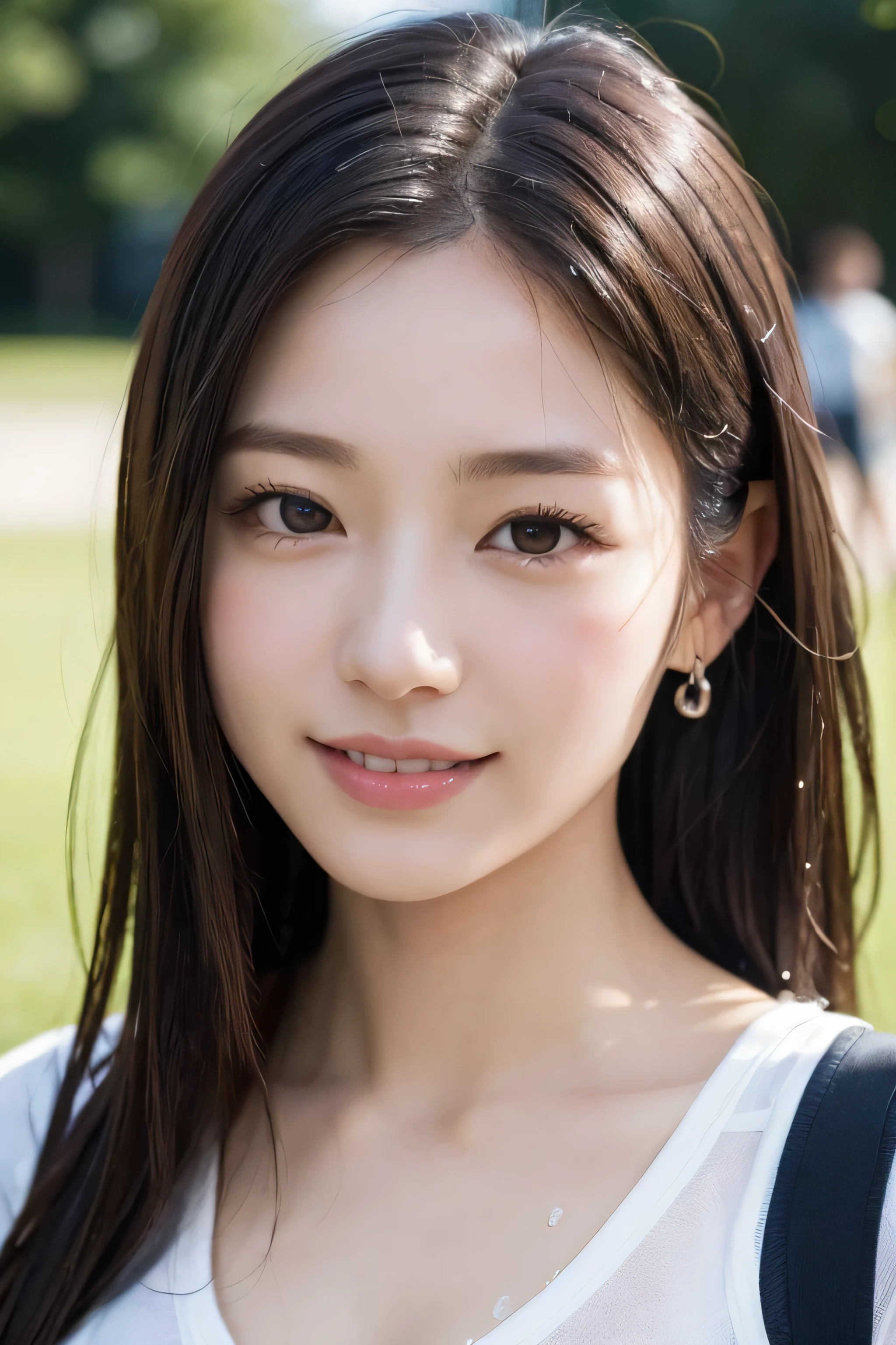 (8k、live-action、Raw photo、highest quality、masterpiece:1.2),(Outdoors),((Perfect lighting)),(Wet hair),Watching the audience,Sexy pose, cute smile,18-year-old,student,White skin,knees,Small Face,Part the front hair from the center、The forehead is visible,skinny,skinny)、masterpiece,highest quality、超A high resolution,one person, solo,Close-up shot、cute、Back to Students,(Sporty clothes:1.3),High school girl,Japanese women,(Photoreal:1.37)、Photon Mapping,Realistic、cuteSmall Face,Brown eyes、prospect、Depth of written boundary、Blurred Background、Real,(I can see the front hair), hair, I can see the knees, thigh,(Nogizaka Idol), actress、Big and ample breasts、Cleavage、Super fine、Low people、(Skin with visible pores:1.2)、(Focus on the face)、8 heads、Natural neck、Check and correct the skeleton