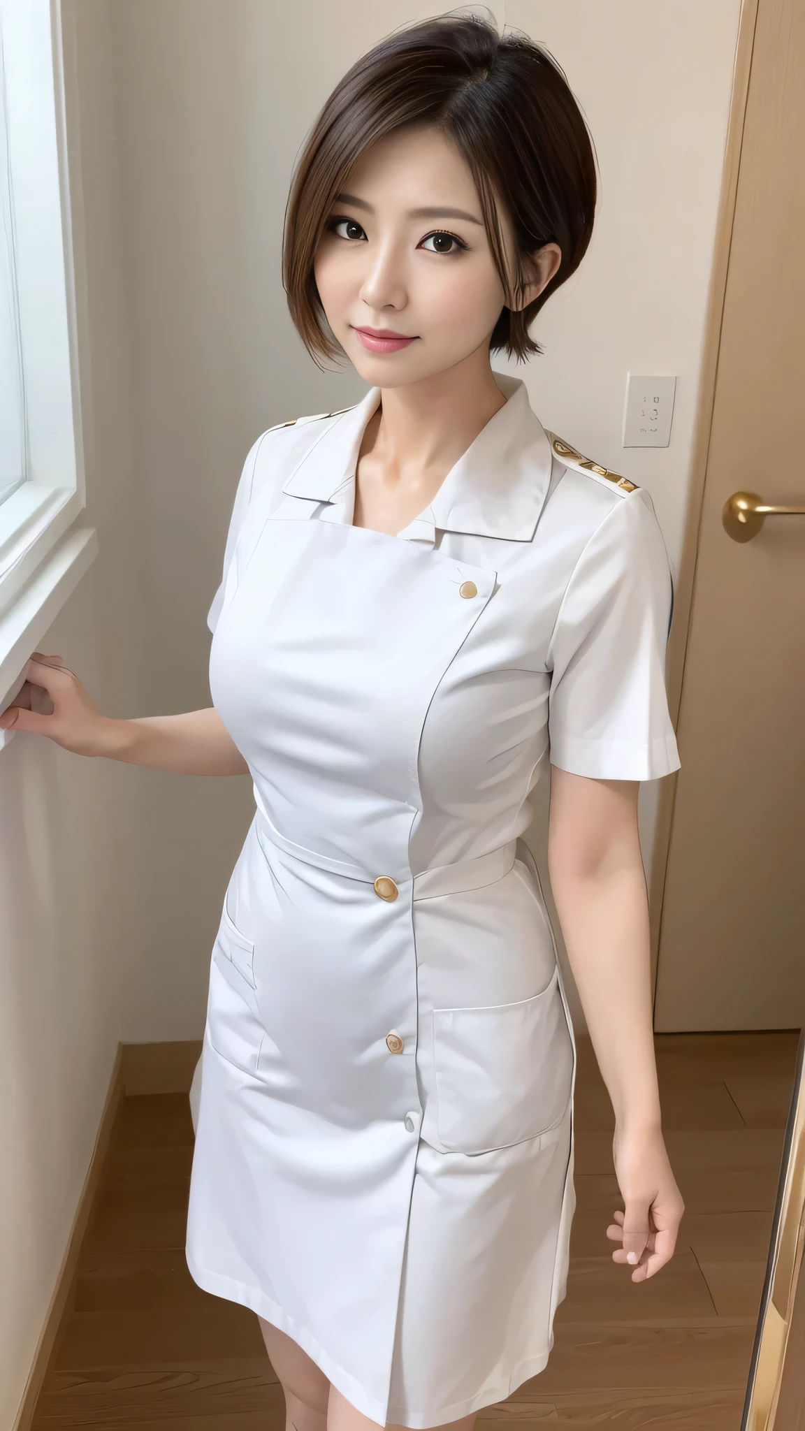 (8k, best quality, masterpiece, golden ratio composition,:1.3), (beautiful Japanese mature woman in her 30s), (wearing white Nurse's uniform:1.4), (huge breasts), short cut hair
