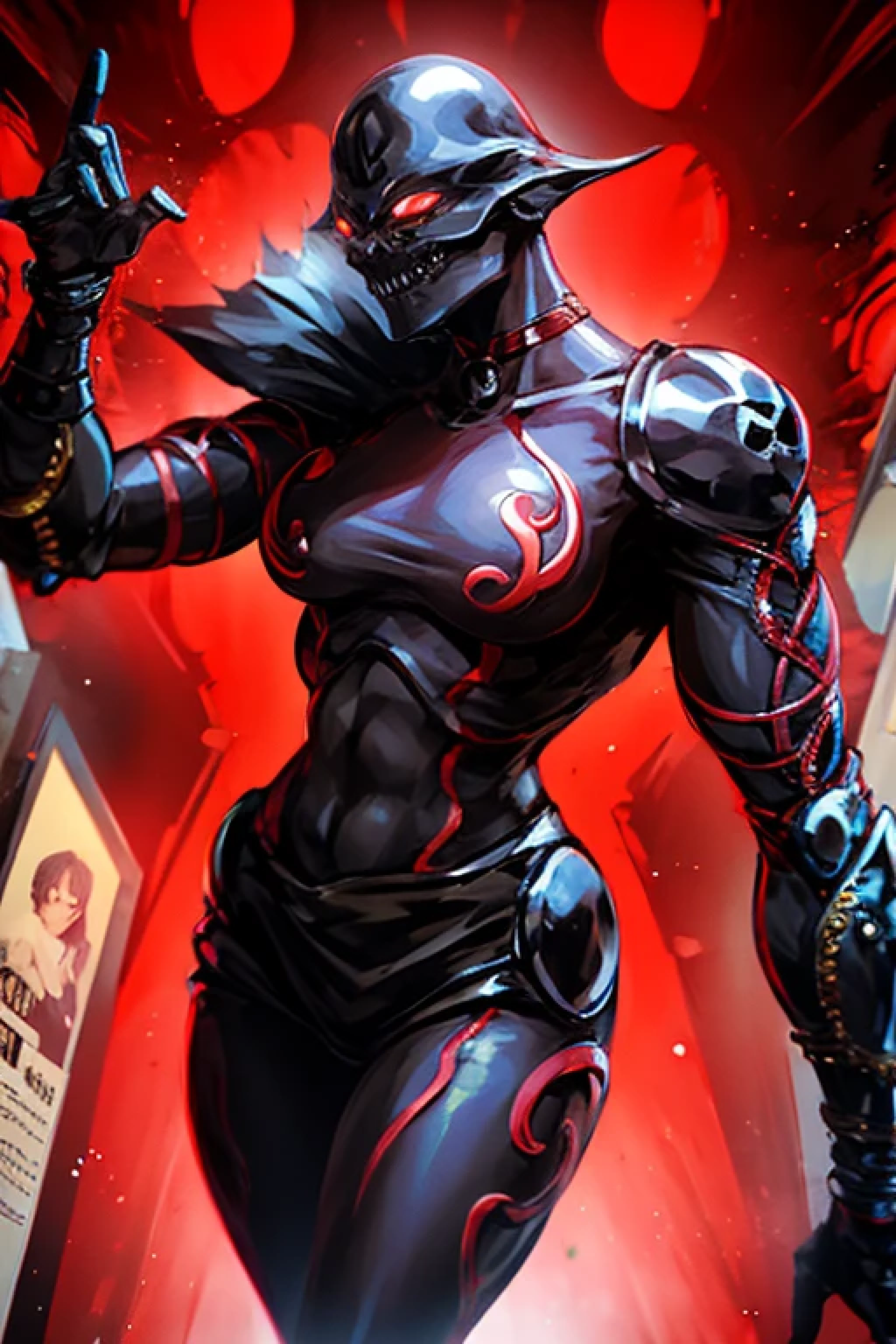 A strong and sensual looking black female mannequin with a skull head and a transparent red demon mask