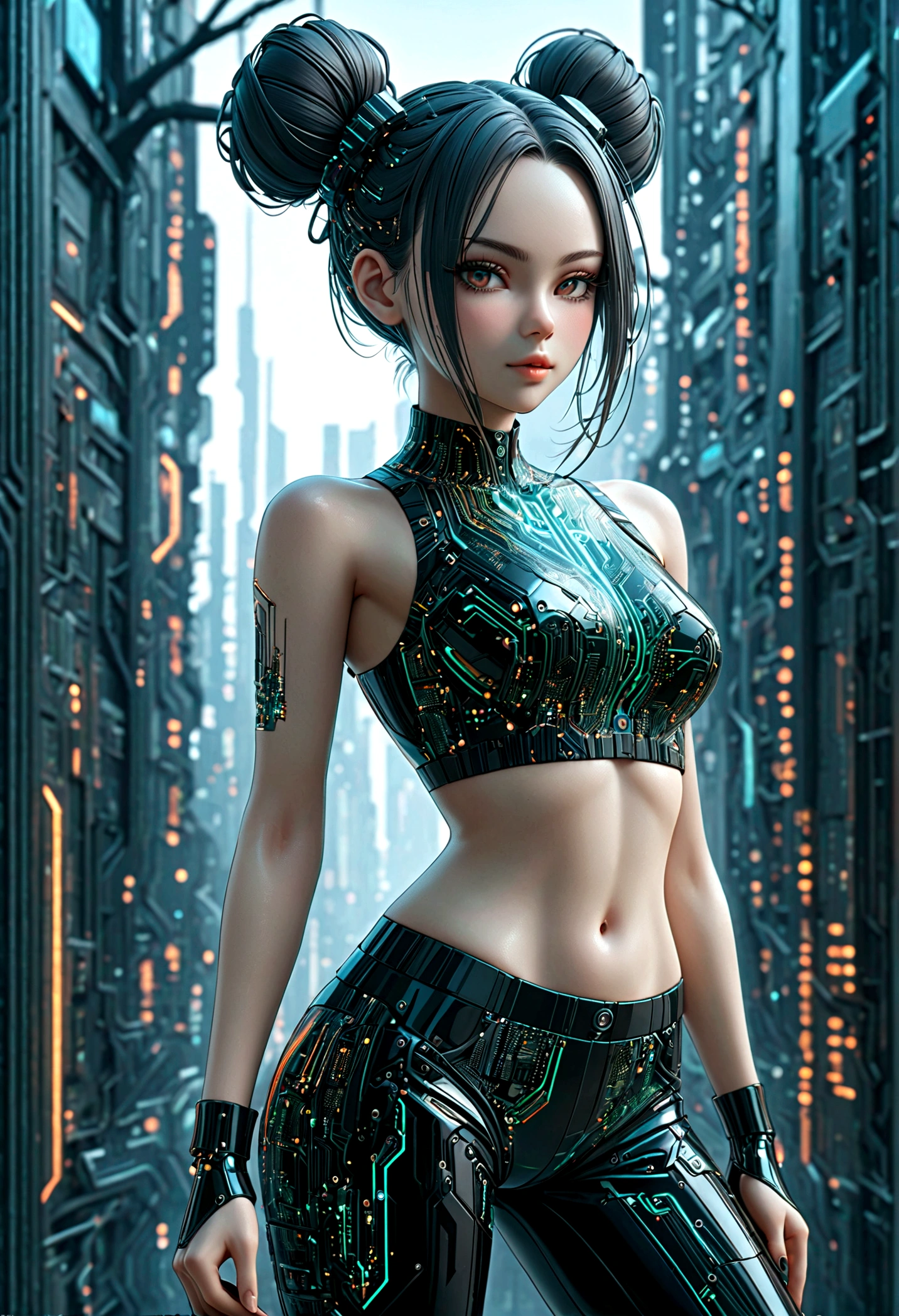 beautiful Cybernetics girl, double bun, Hair accessories, (Delicate skin), Pale skin, black crop top made of circuit boards, Futuristic pants, on branch, v, Japanese words with glitter effect, cyberpunk background,Sensual, is attractive, (masterpiece:1.3), (best quality:1.3), (ultra detailed:1.3), 8k, extremely clear