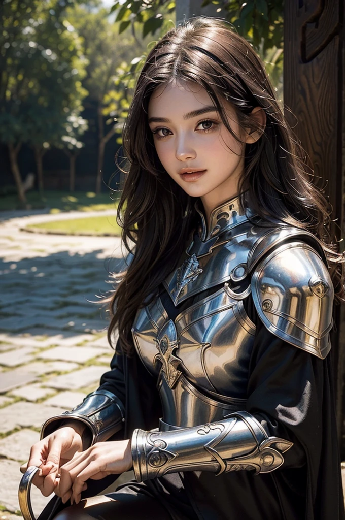 Medieval France, A world of swords and magic,  Fantasy, Medieval Knight,thin, Shiny and beautiful armor, Detailed Armor, Black surcoat and gold-plated armor, Sword in hand,Adobe Photoshop, Realistic digital painting, Historical portraits, High resolution, Warm Light, Iconic art, Brave, An exciting atmosphere, (whole body), 18 year old female knight, Black Hair, (Half Up:1.4), ((Beautifully detailed face)), Baby Face, beautifully detailed skin, Intricate details, Very detailed,Detailed lips,Open your mouth,Realistic Face,smile, blush,Embarrassing,Realistic Skin,(Vibrant Skin,Moisturized Skin:1.2),Vivid lips,Lip gloss
