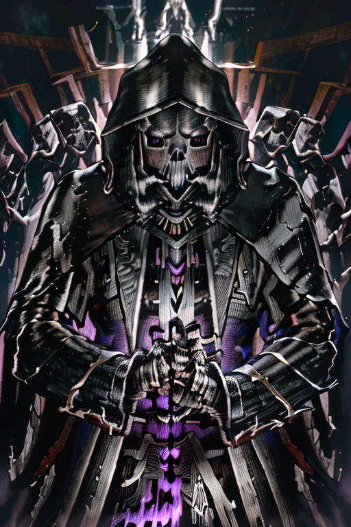 (realistic illustration:1.3),((dark fantasy:1.4)). (armored death),((black skull face:1.4)), ((Hooded)) shadow ((wraith)) in black battle armor, (glowing violet eyes:1.2), (cross pendant:1.3). brandishing black ((great sword)) in purple flames. masterpiece