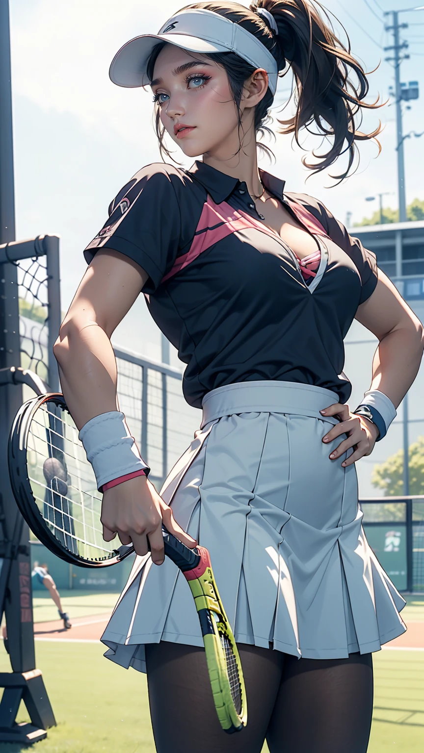 24 year old Japanese woman、Black Hair、Iris、Sexy proportions、Cleavage Emphasis、Professional tennis player、Sun visor、ponytail、Holding a tennis racket、Put the wristband on your wrist、Micro Mini Skirt、