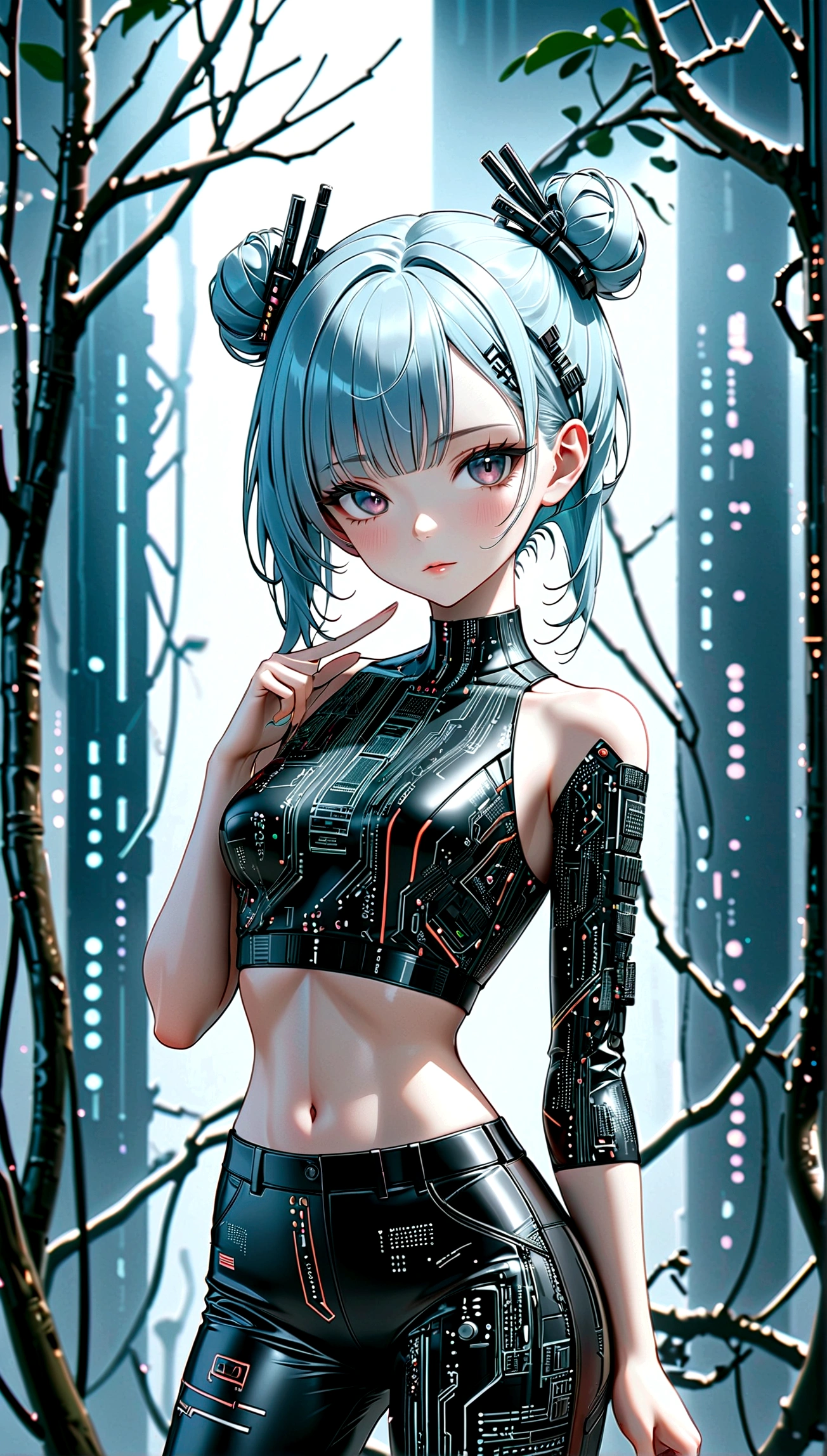 beautiful Cybernetics girl, double bun, Hair accessories, (Delicate skin), Pale skin, black crop top made of circuit boards, Futuristic pants, on branch, v, Japanese words with glitter effect, cyberpunk background,Sensual, is attractive, (masterpiece:1.3), (best quality:1.3), (ultra detailed:1.3), 8k, extremely clear