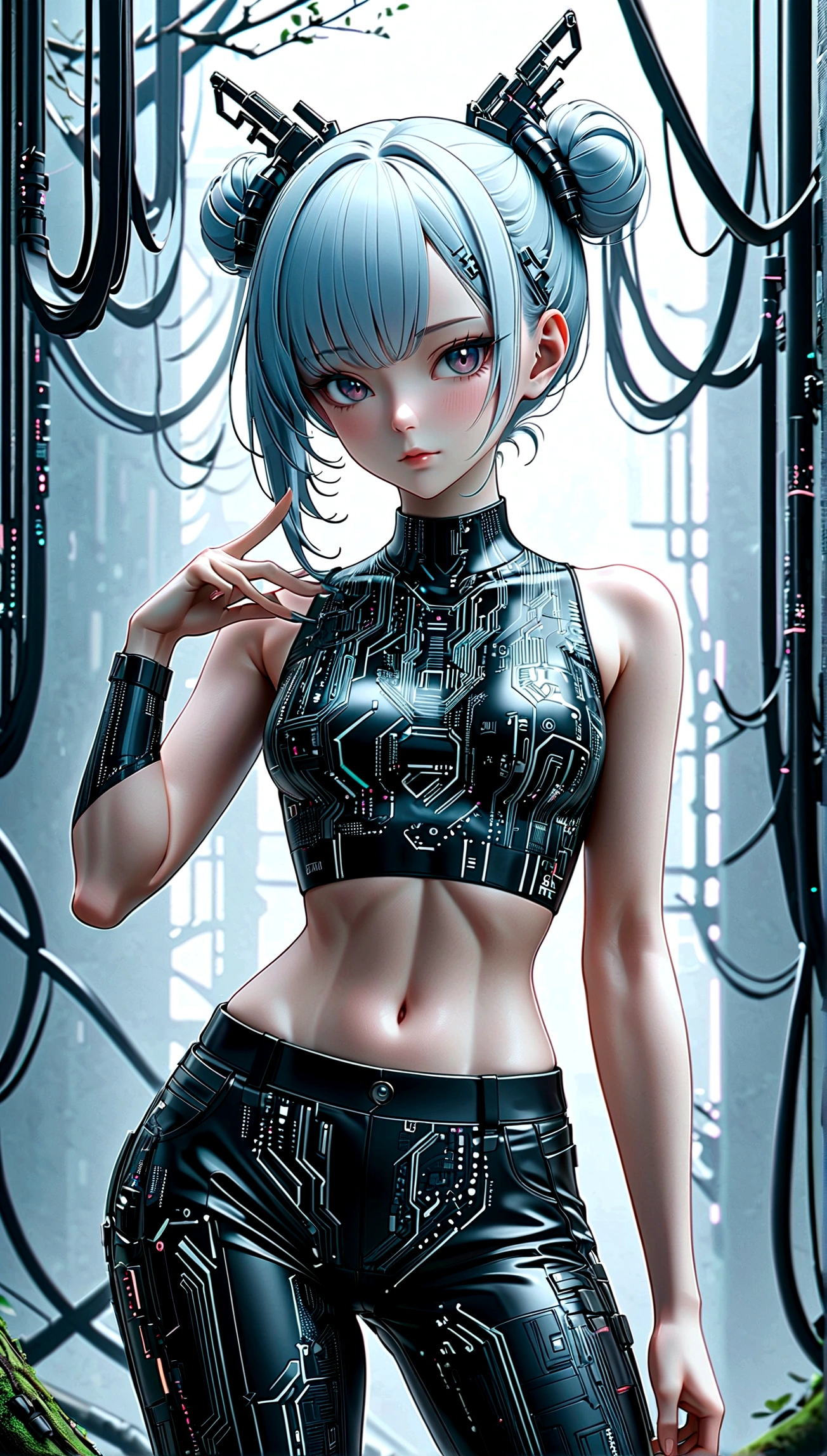 beautiful Cybernetics girl, double bun, Hair accessories, (Delicate skin), Pale skin, black crop top made of circuit boards, Futuristic pants, on branch, v, Japanese words with glitter effect, cyberpunk background,Sensual, is attractive, (masterpiece:1.3), (best quality:1.3), (ultra detailed:1.3), 8k, extremely clear