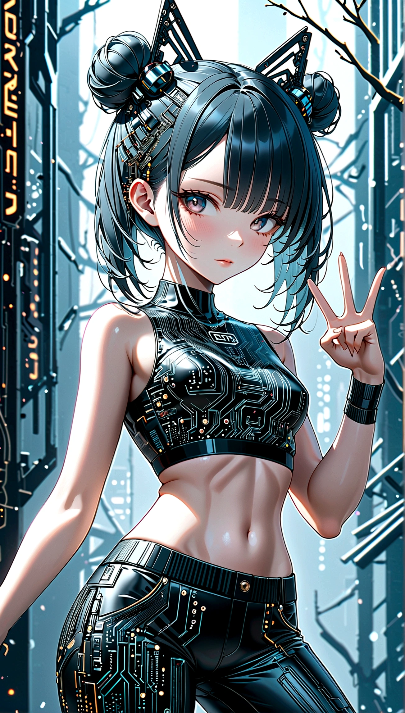 beautiful Cybernetics girl, double bun, Hair accessories, (Delicate skin), Pale skin, black crop top made of circuit boards, Futuristic pants, on branch, v, Japanese words with glitter effect, cyberpunk background,Sensual, is attractive, (masterpiece:1.3), (best quality:1.3), (ultra detailed:1.3), 8k, extremely clear